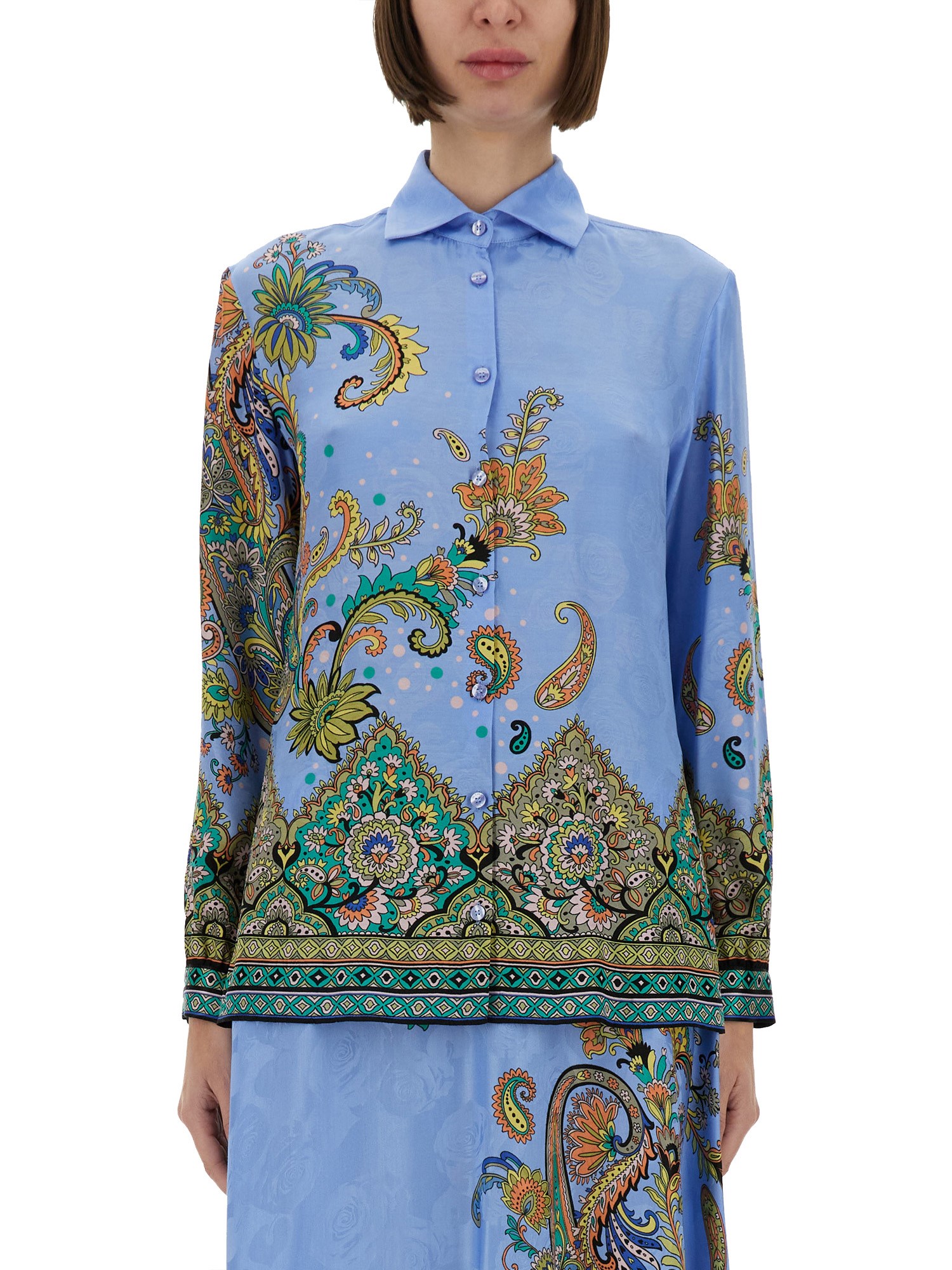 Etro All-over Signature Print Long-sleeved Shirt In Azure