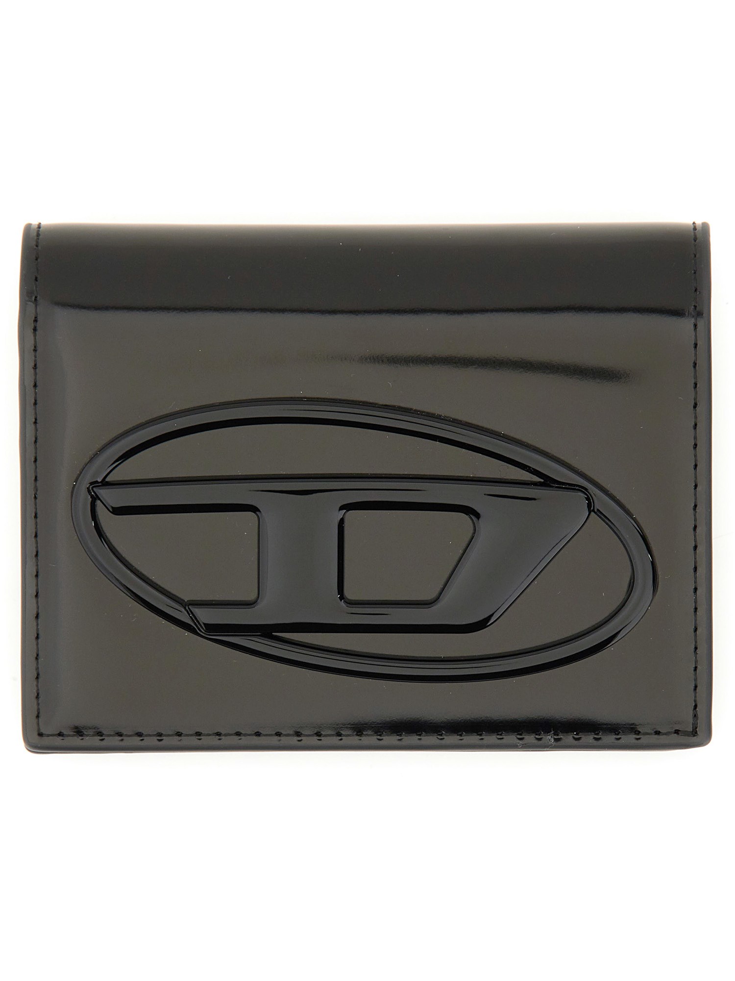 Diesel Bi-fold Card Holder In Mirrored Leather In Black