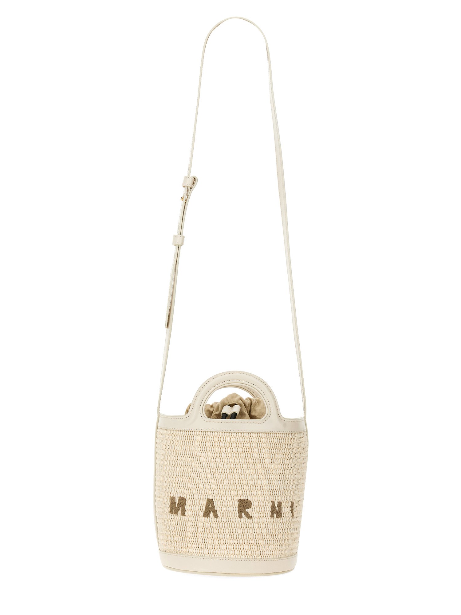 Marni Ivory Leather And Raffia Tropicalia Bucket Bag In Ivory