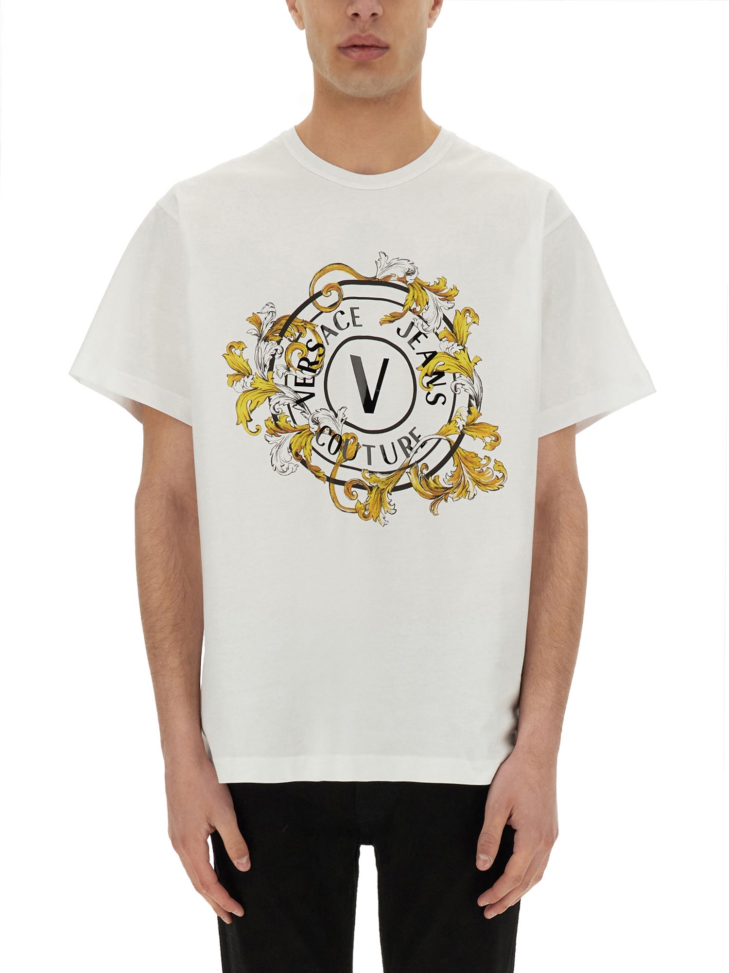 Shop Versace Jeans Couture T-shirt V-emblem Outline Baroque In White
