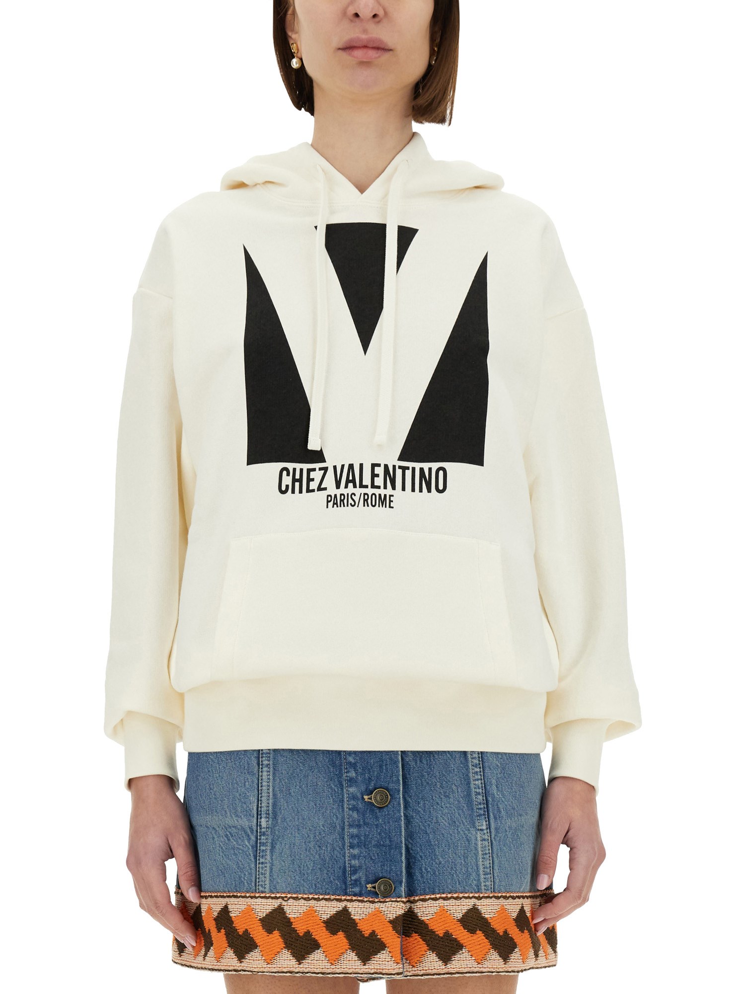 Valentino Ivory Cotton Hoodie With Large Logo In Ivory