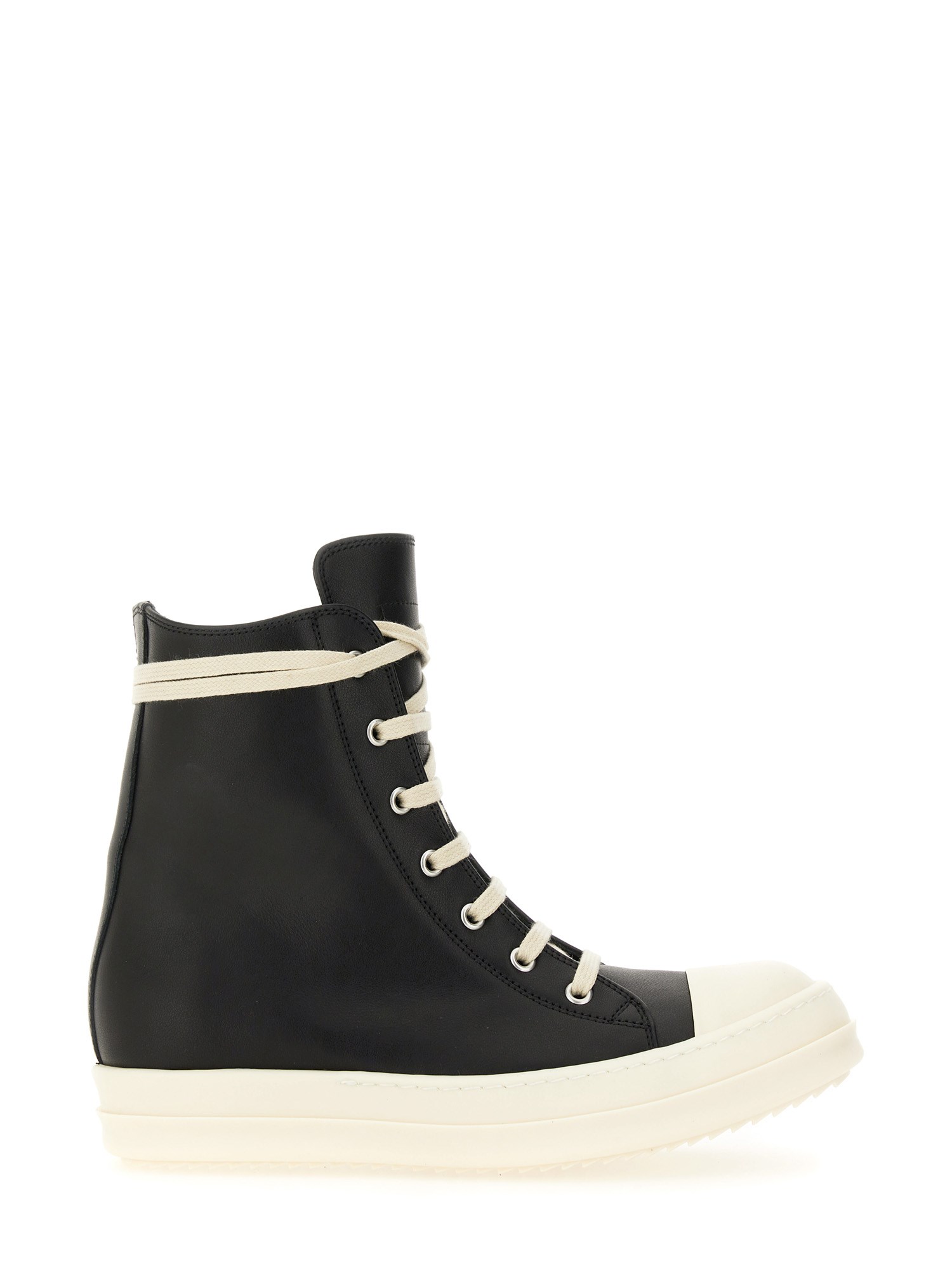 Rick Owens Black High Top Sneakers With Oversized Laces In Leather In Black