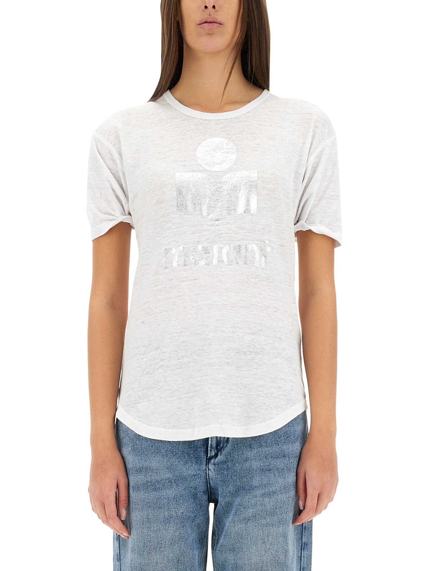 Isabel Marant Étoile Zewel Metallic Logo Slub Linen Graphic Tee In White