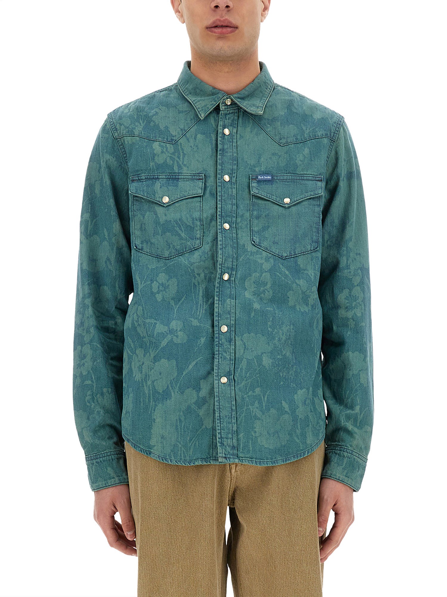 Paul Smith London Floral Cotton Denim Western Snap-up Shirt In Blue