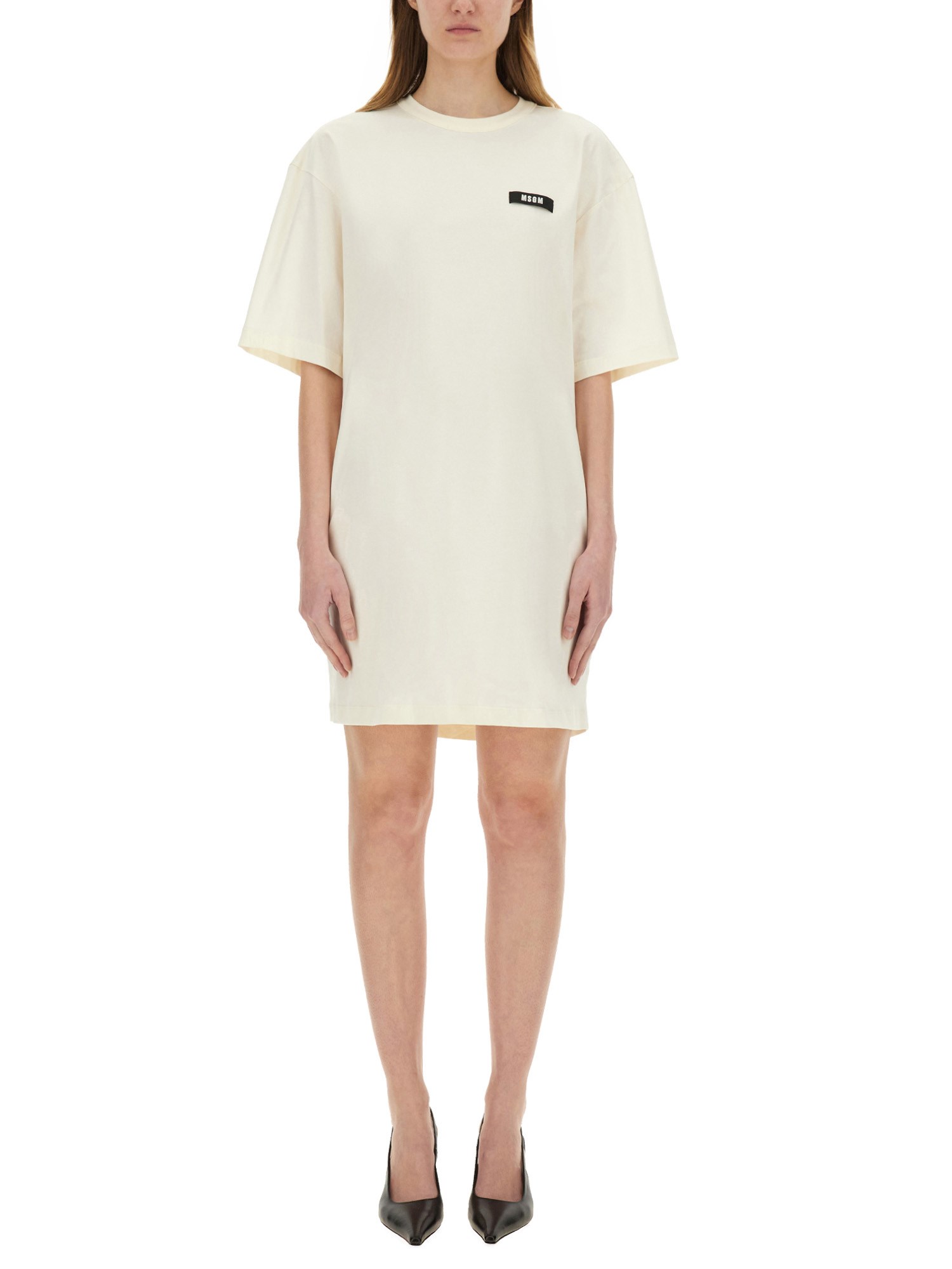 Msgm Logo Patch Drawstring Dress In Ivory