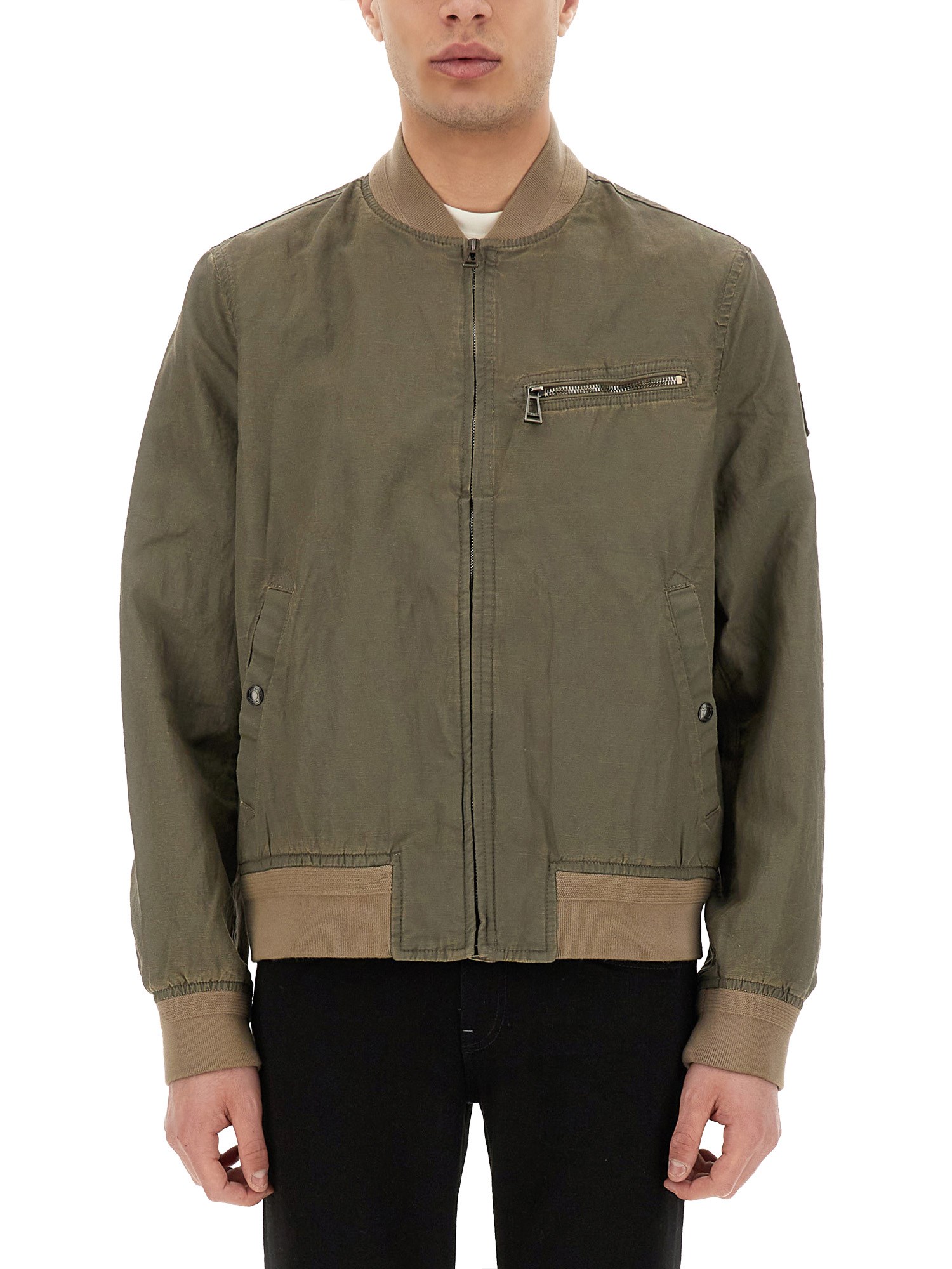 Belstaff Bomber Jacket With Ribbed Cuffs And Hem In Military Green