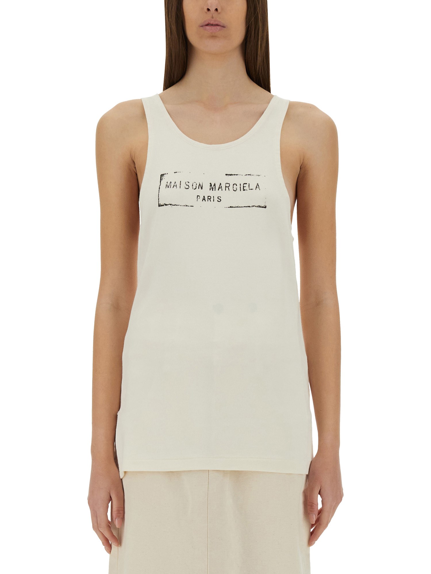 Maison Margiela Beige Top With Wide Neckline And Logo Printed On The Front In Viscose And Cotton Blend Woman In Beige