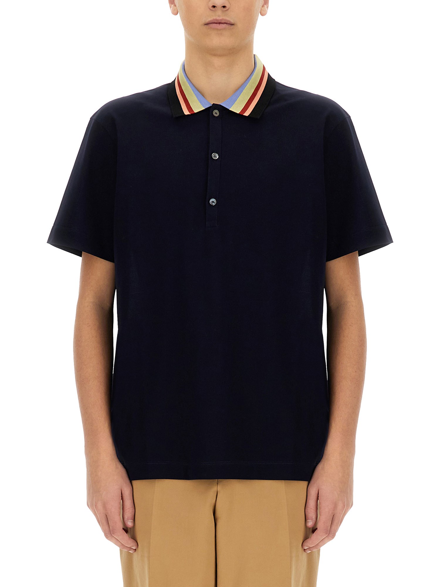 Paul Smith Relaxed Fit Cotton Polo With Striped Collar In Black