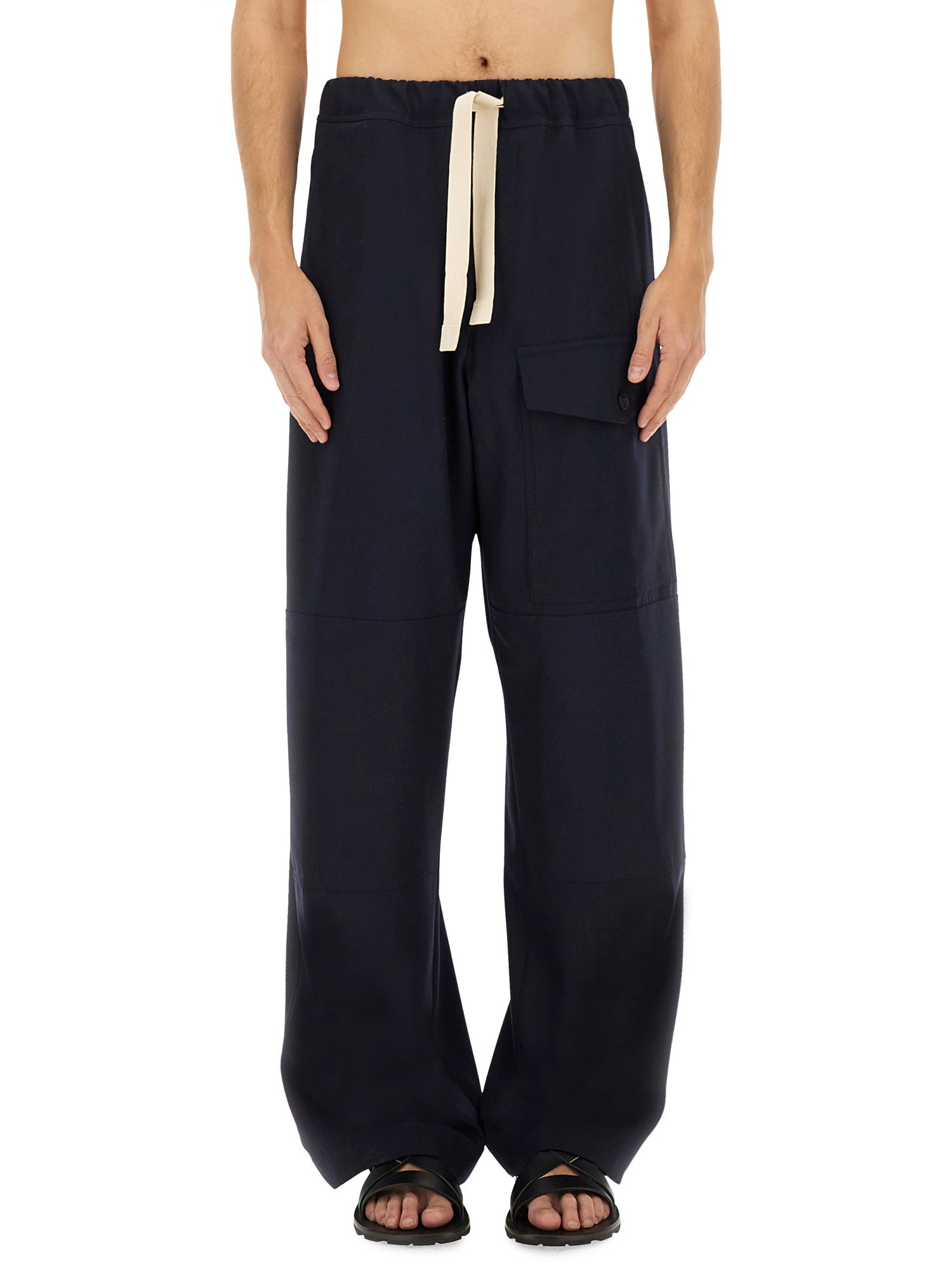 Dries Van Noten Wide Leg Wool Pant With Elastic Waistband In Blue