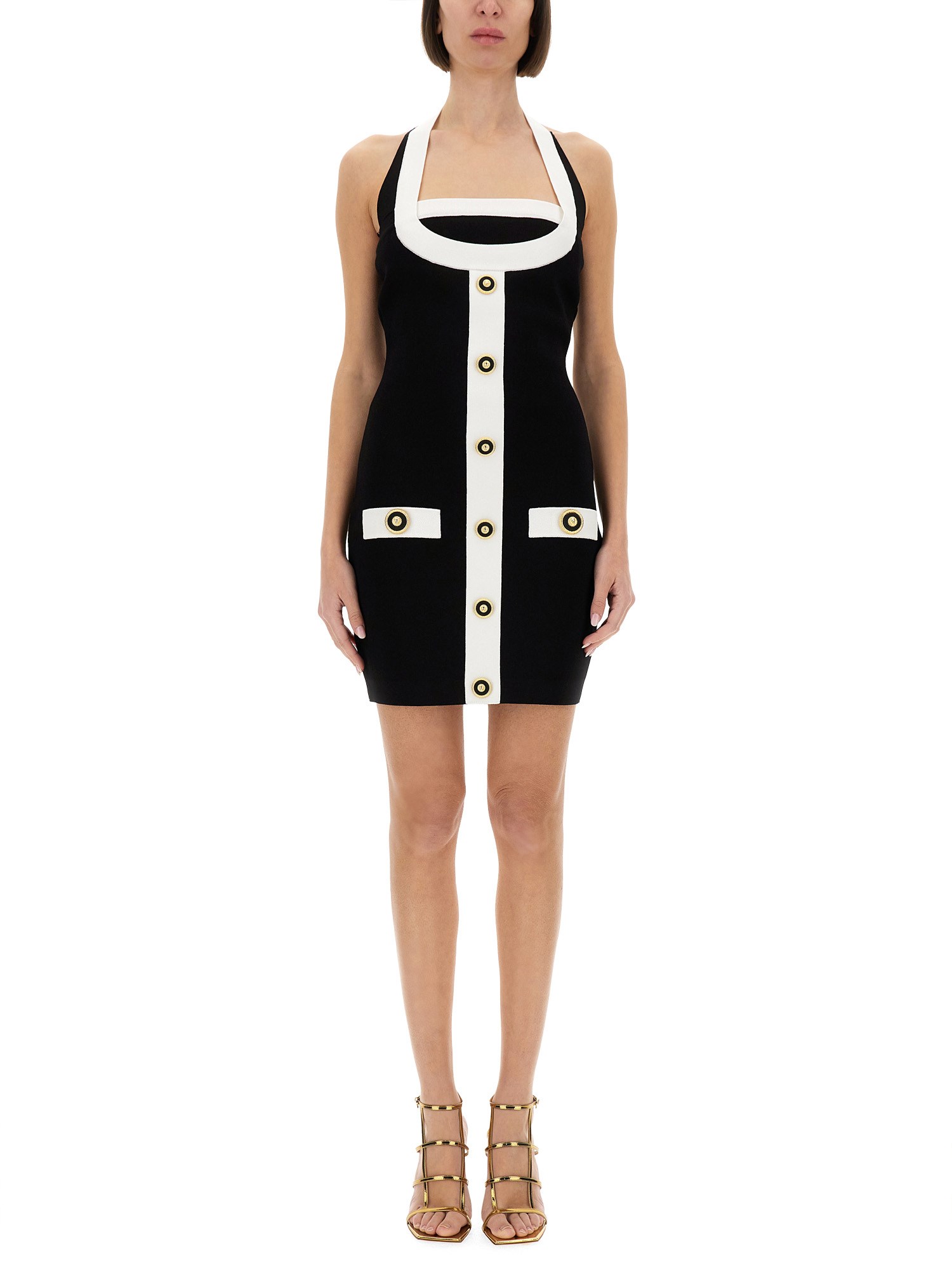 Balmain Black Dress With Square Neckline And Decorative Buttons In Black