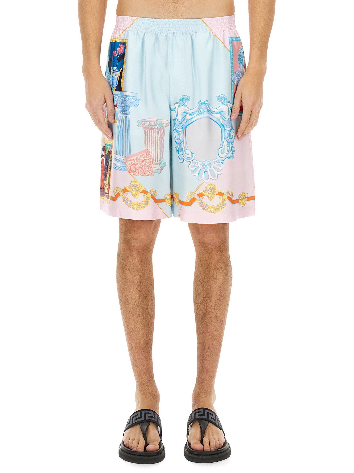 Versace Silk Twill Shorts With Vibrant Classical Motifs In Multicolour