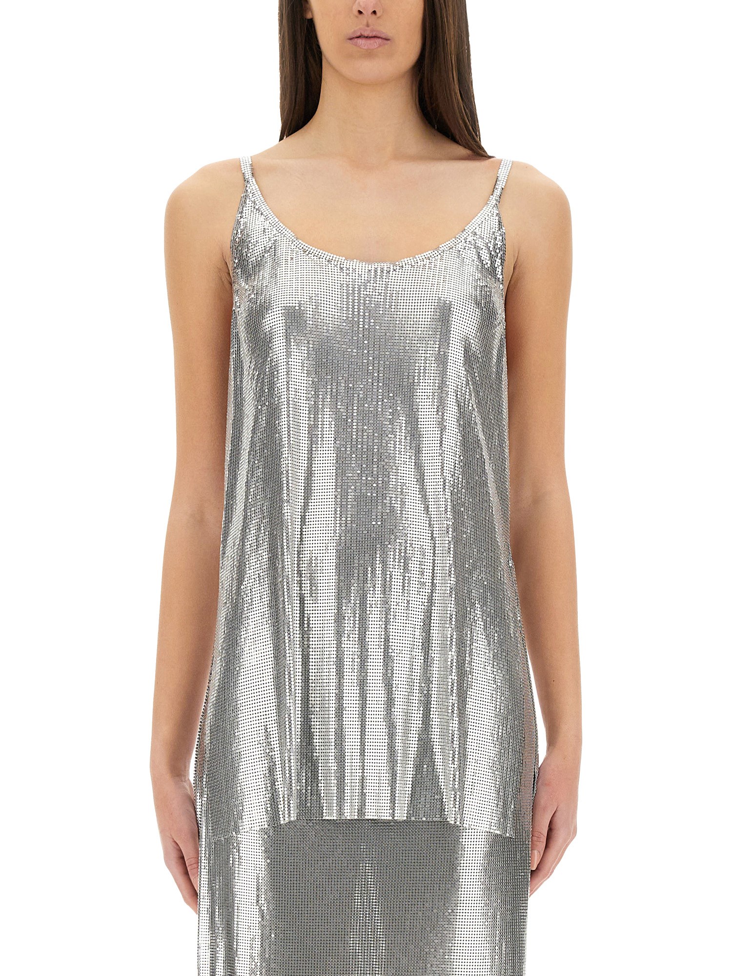 Rabanne Metallic Sleeveless Top With Spaghetti Straps And Chainmail In Tech Fabric Woman In Silver