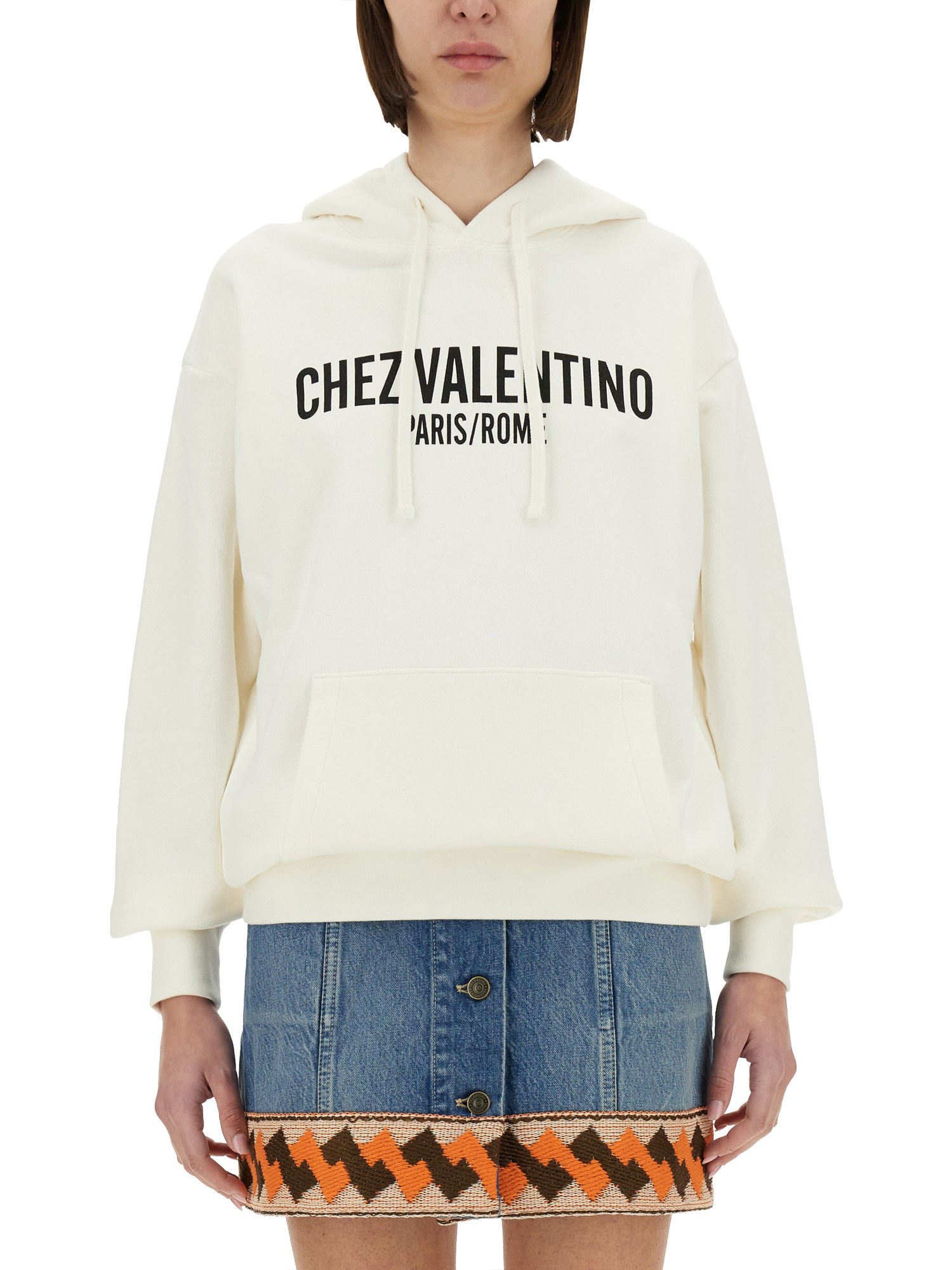 Valentino Garavani Cotton Hoodie With Print In Ivory