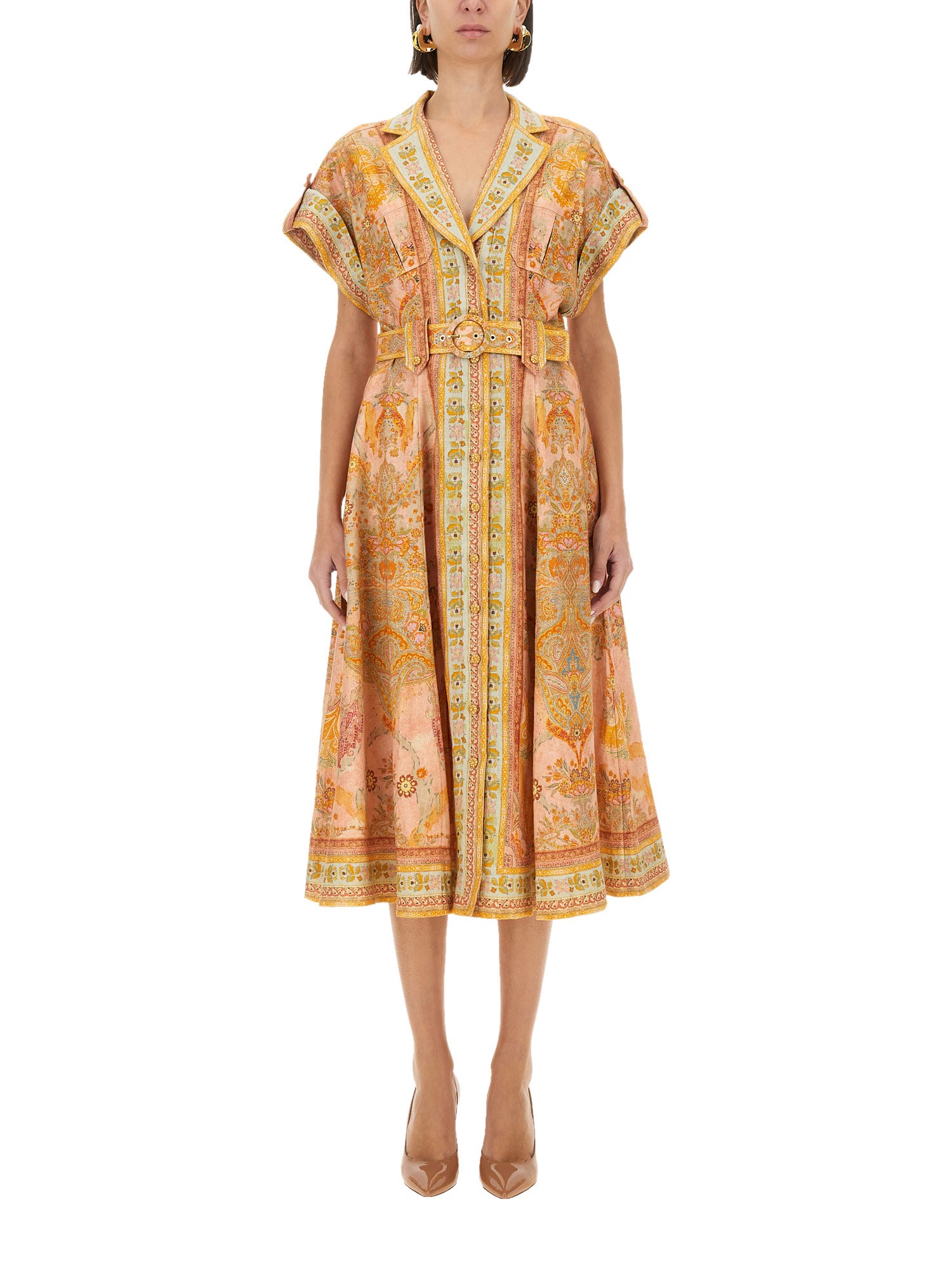 Shop Zimmermann Midi Dress With Belt In Multicolour