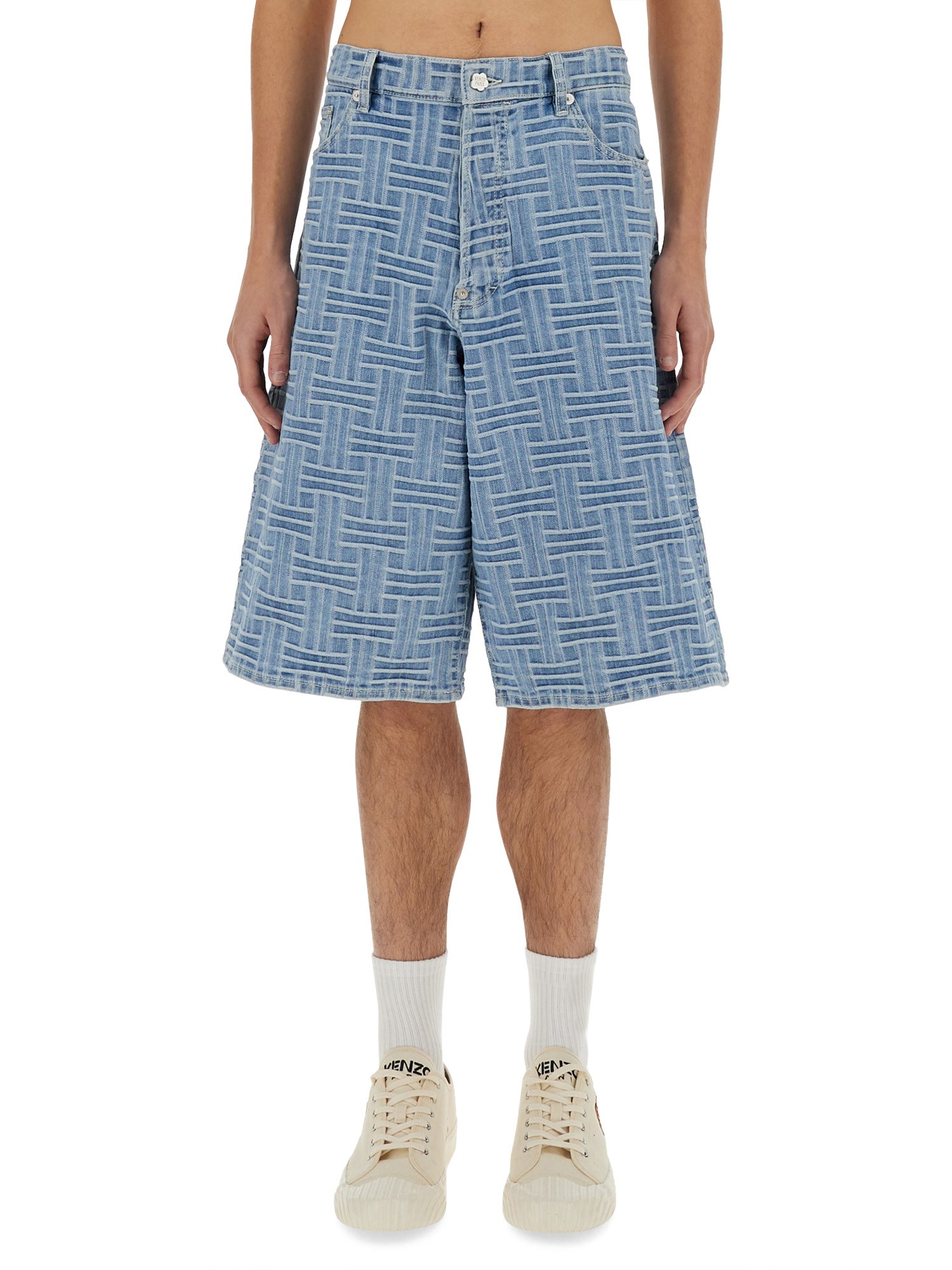 Kenzo Mens Regular-fit Weave-pattern Denim Shorts Bleached Blue Denim In Denim