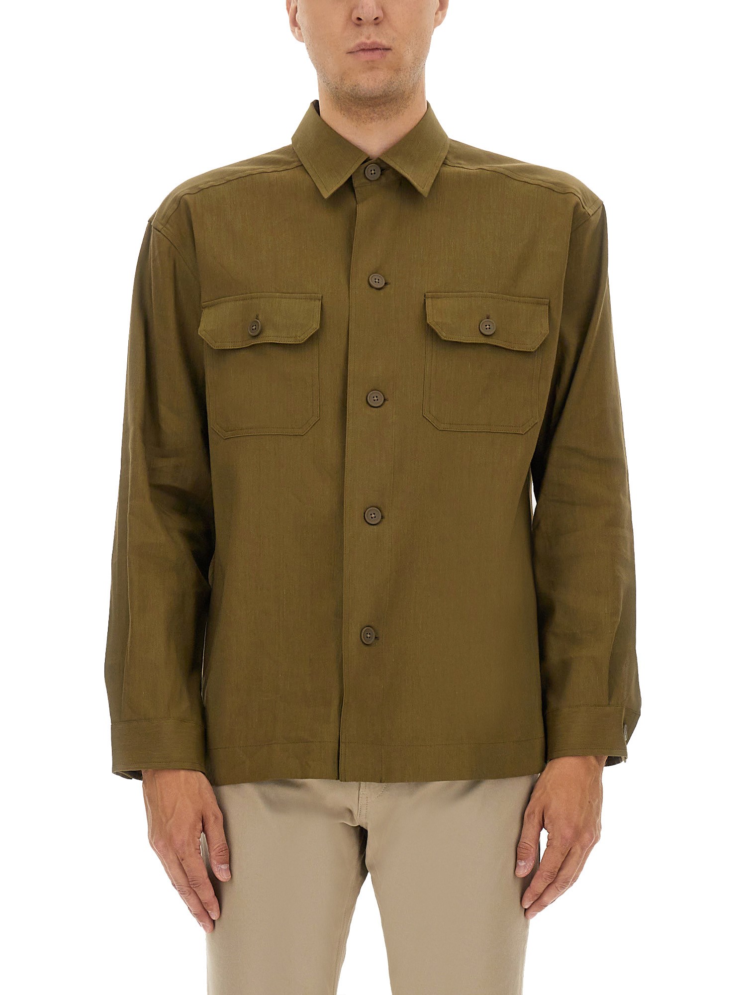Hugo Boss Boss Stretch Linen And Viscose Shirt In Brown