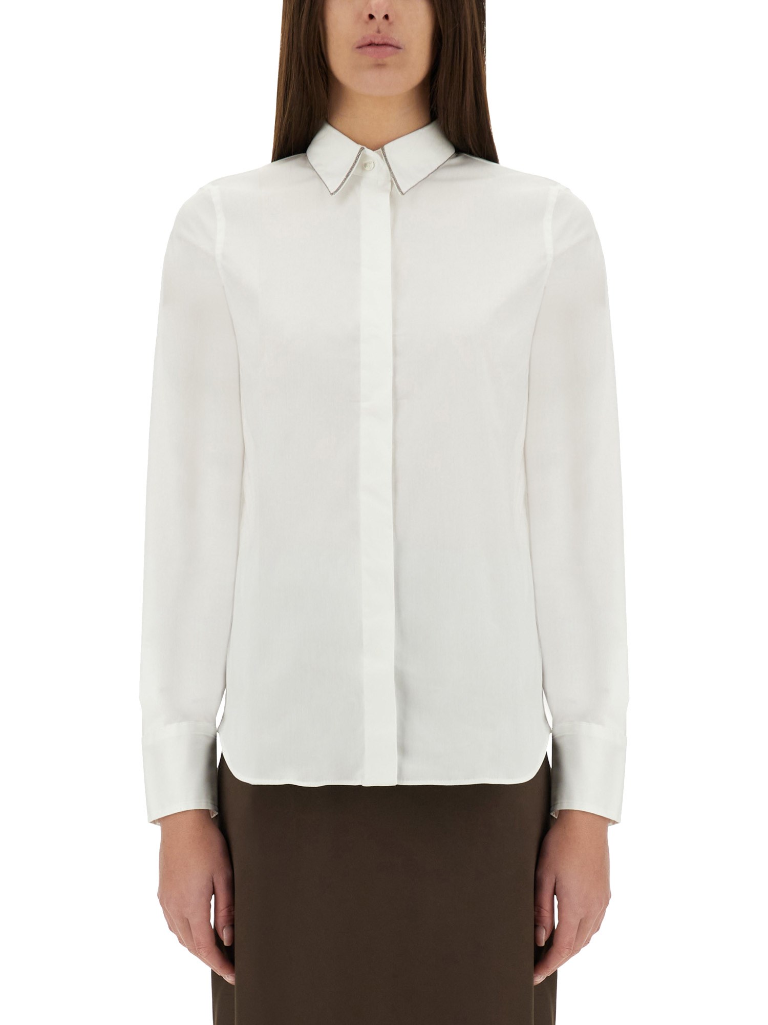 Brunello Cucinelli Women's Cotton Poplin Shirt W Monili Trim At Collar In White