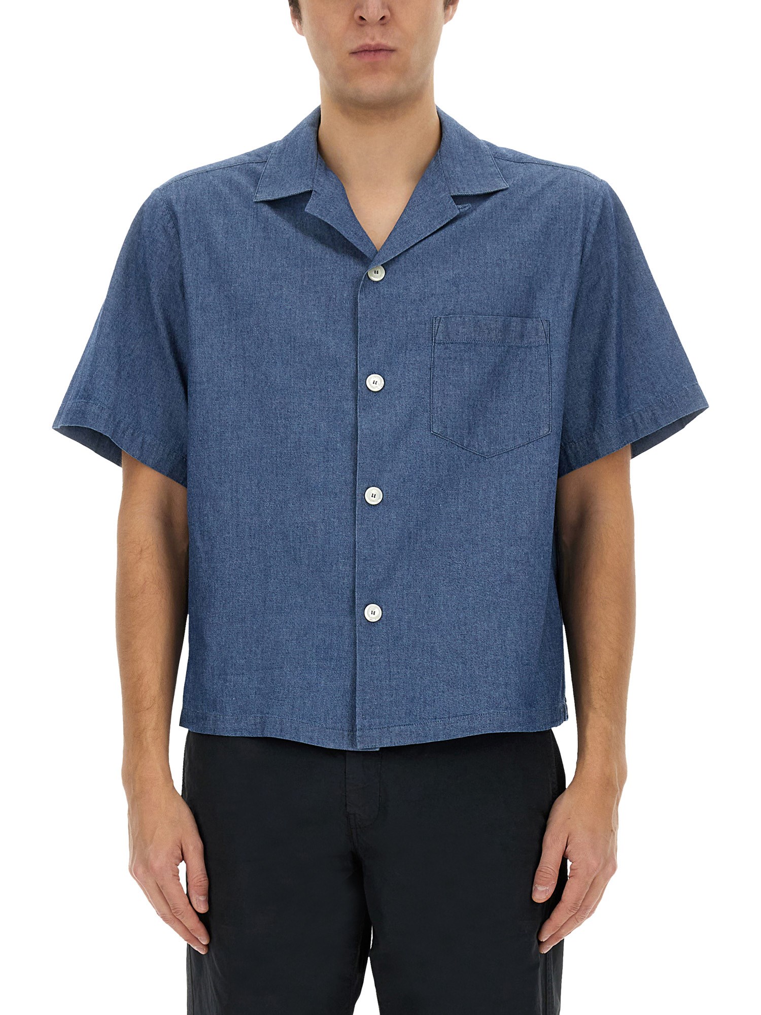 Aspesi Short Sleeves Spread Collar Chest Pocket Shirt In Denim