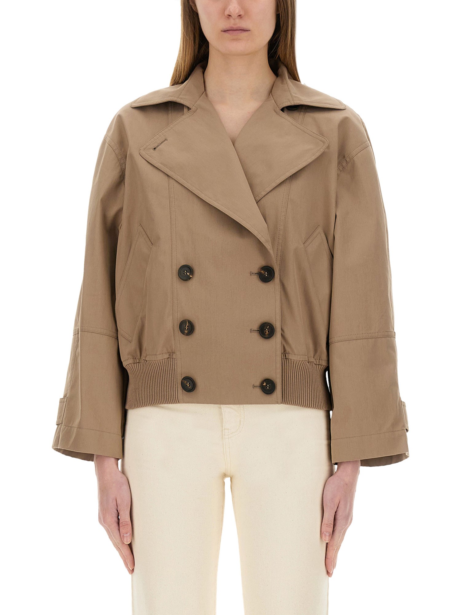 Brunello Cucinelli Brown Double-breasted Crop Jacket With Windbreak Flap And Classic Wide Lapels In Cotton Blend Woman In Beige