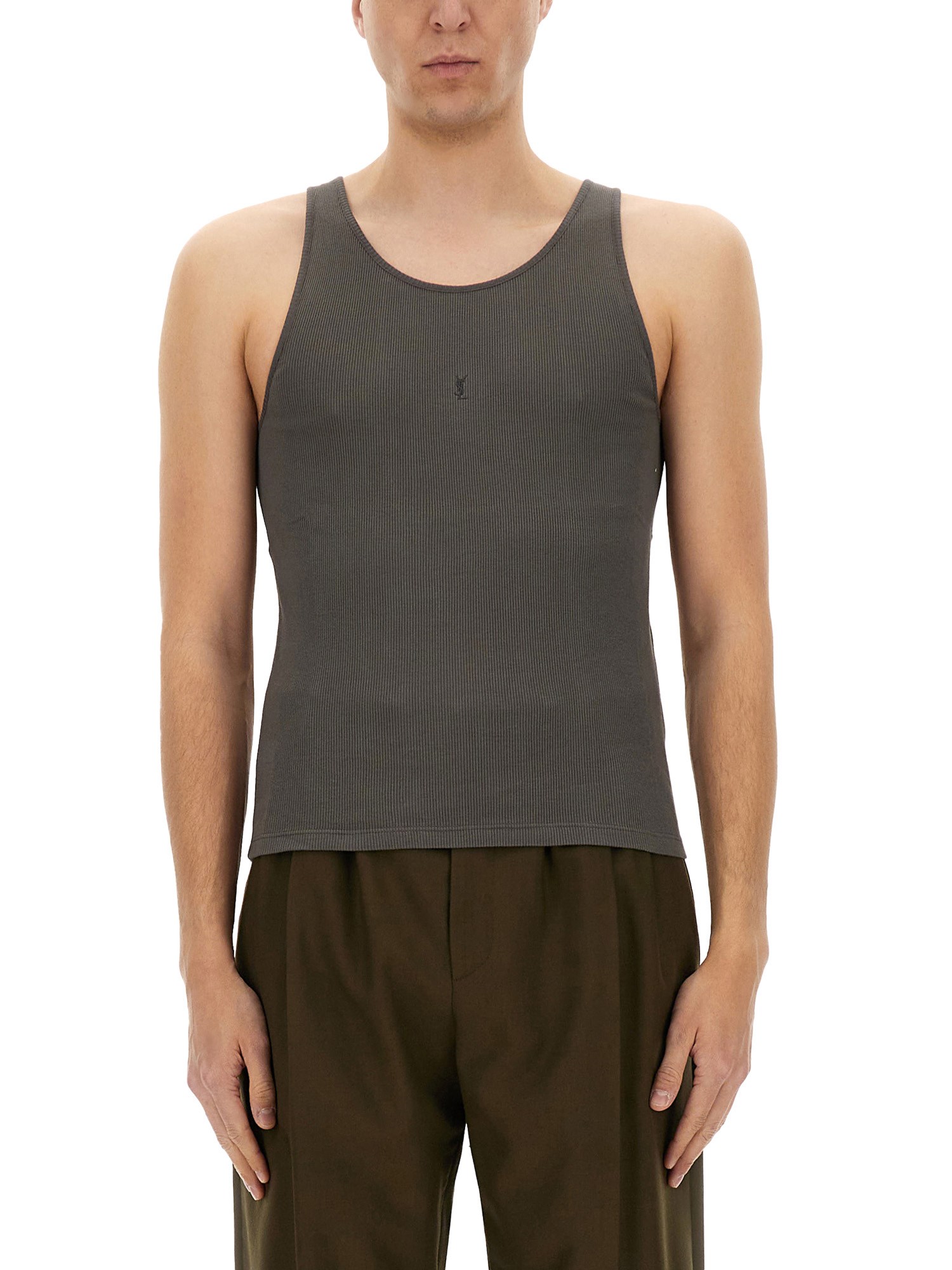 Saint Laurent Ribbed Texture Sleeveless Tank Top In Grey