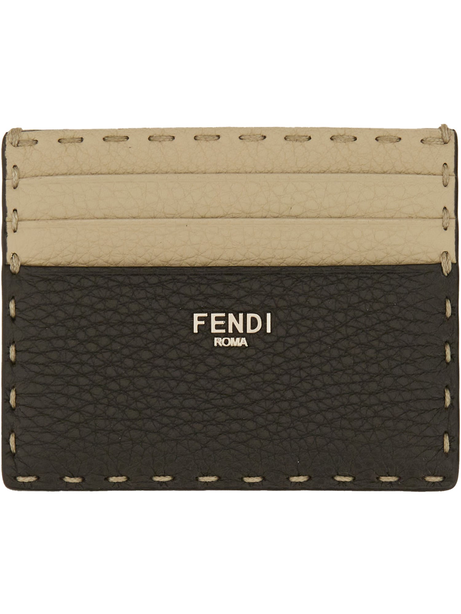 Fendi Men Two-tone Leather Sellerie Card Holder In Beige