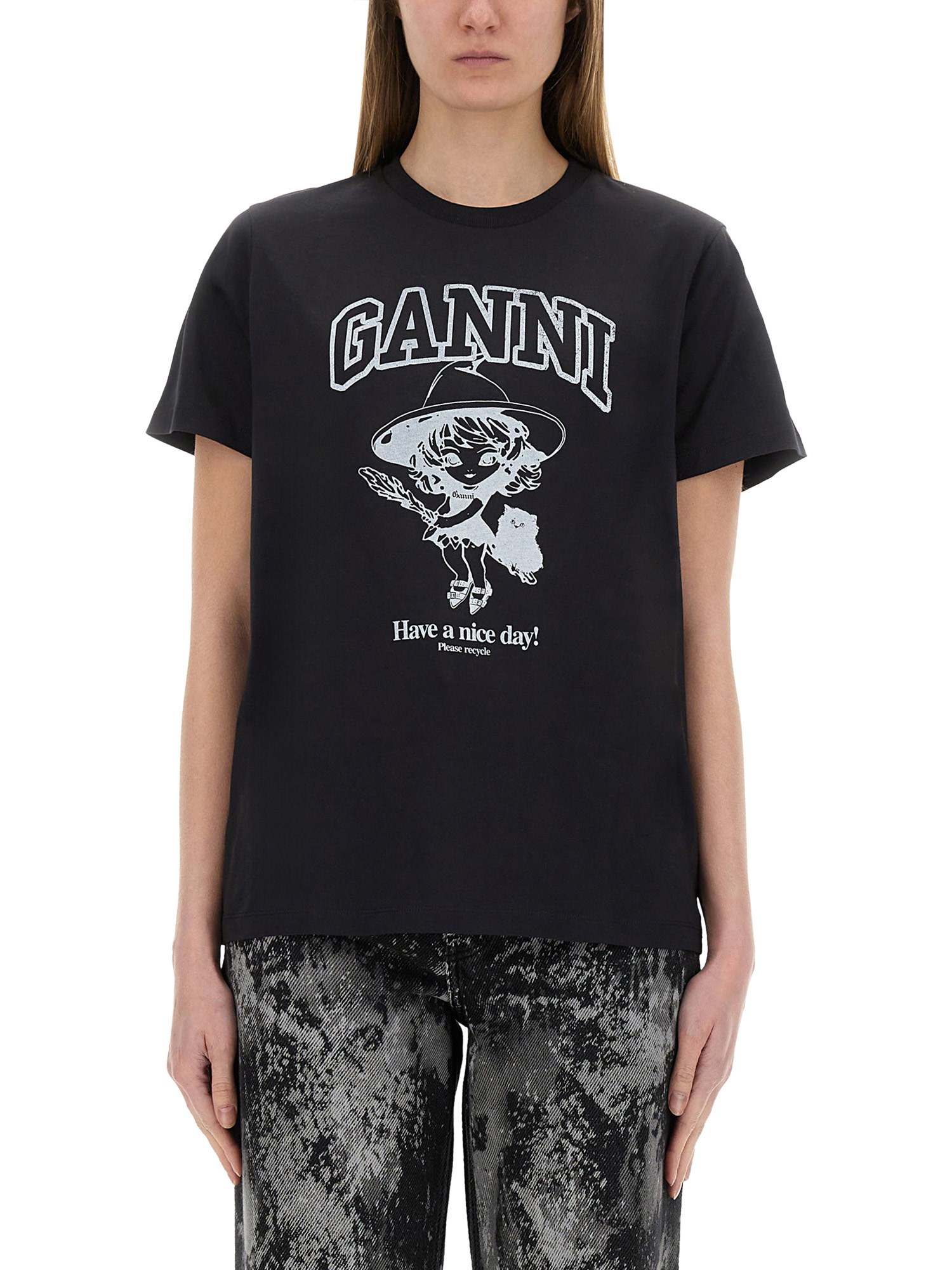 Ganni Black Crewneck T-shirt With Maxi Logo Lettering On The Front And Maxi Print On Front And Rear In Black