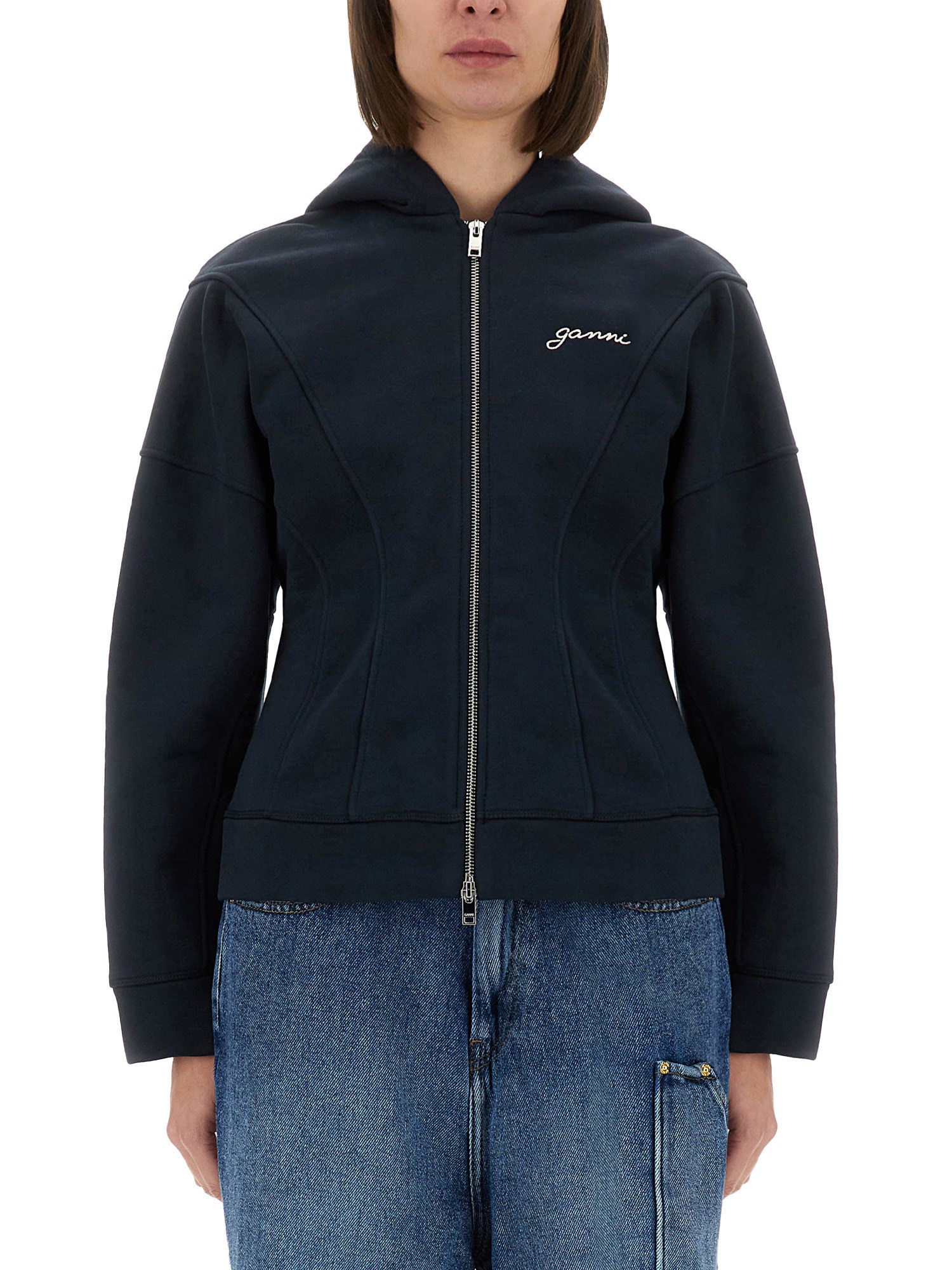 Ganni Sweatshirt With Logo In Blue