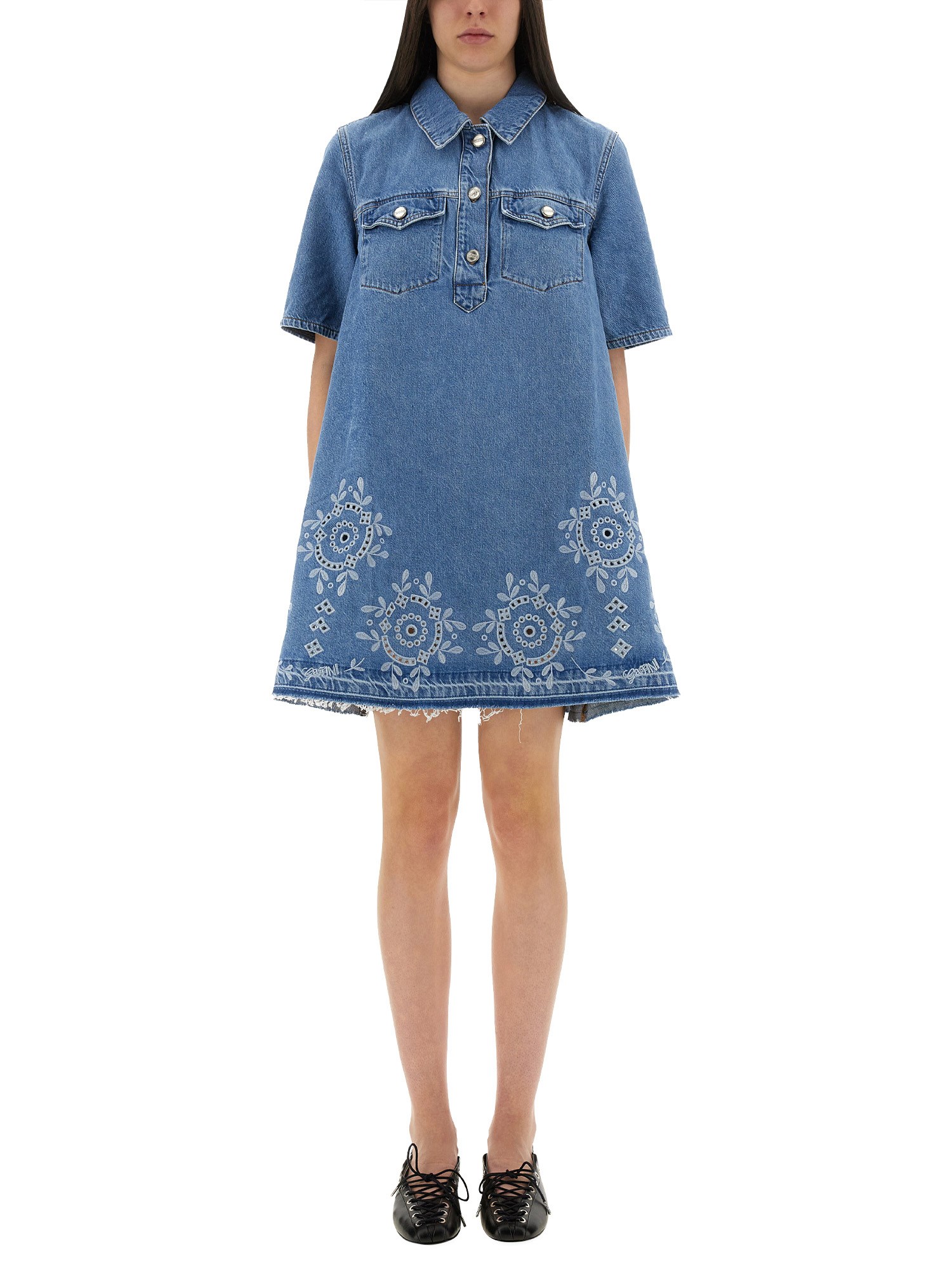 Ganni Denim Dress With Embroidered Hem And Pockets