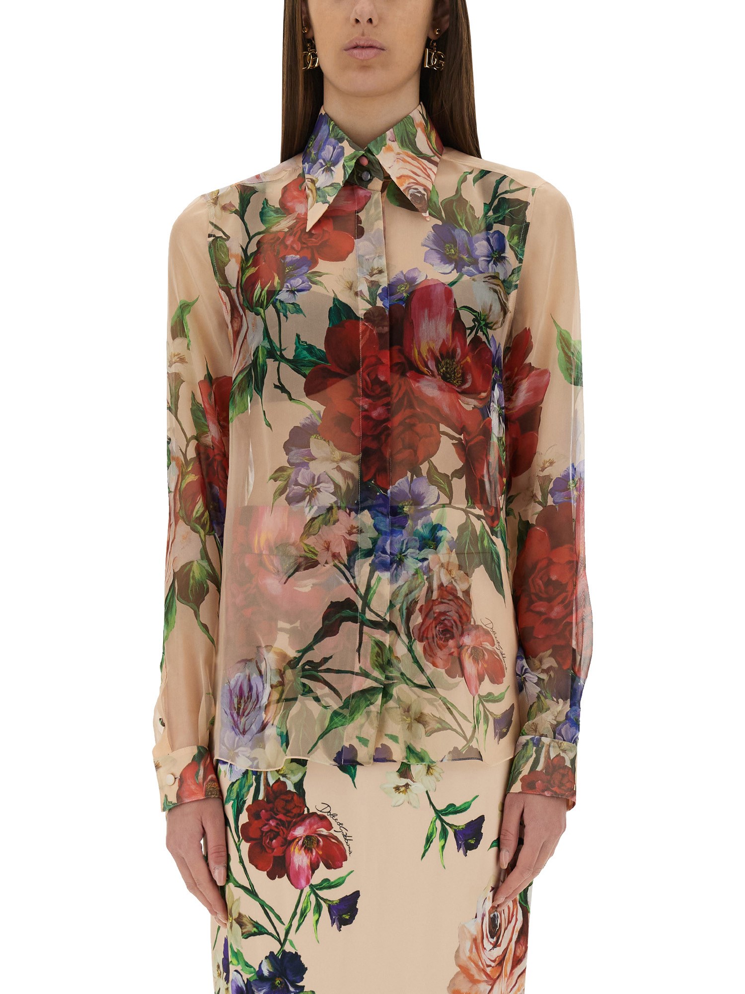 Dolce & Gabbana Bouquet Fantichi Sheer Chiffon Button-down Blouse