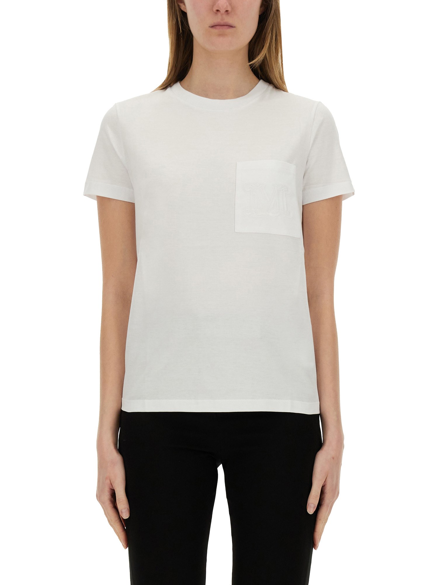 Max Mara Women 'papaia' White Crewneck T-shirt With Tonal Logo Embroidery On The Front In Cotton Wom In White