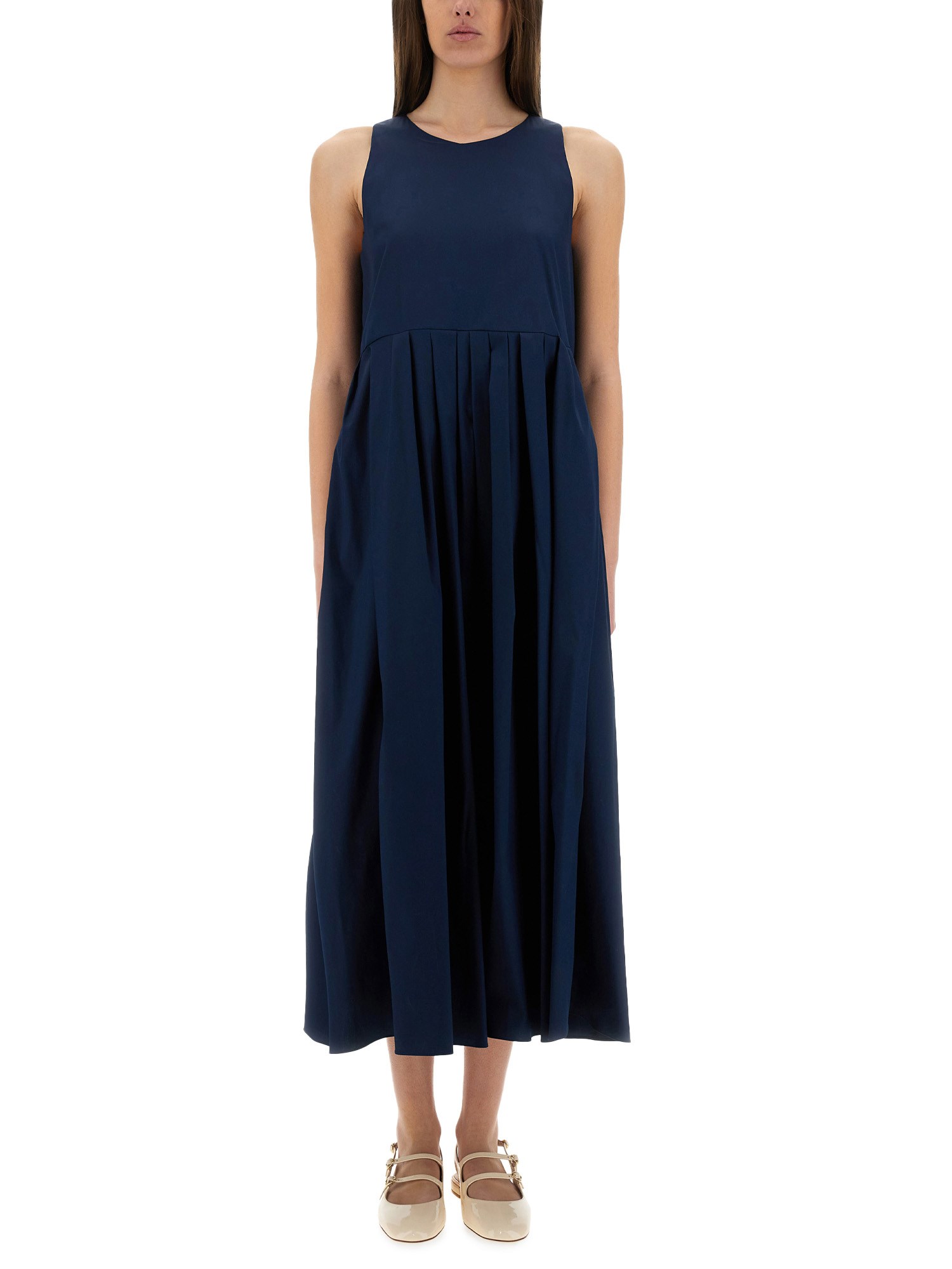 S Max Mara Pleated Dress Long Round Neckline In Blue