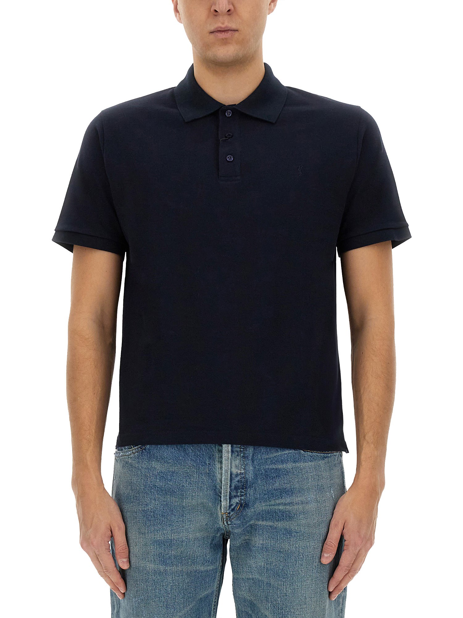 Saint Laurent Embroidered Monogram Polo Shirt In Blue