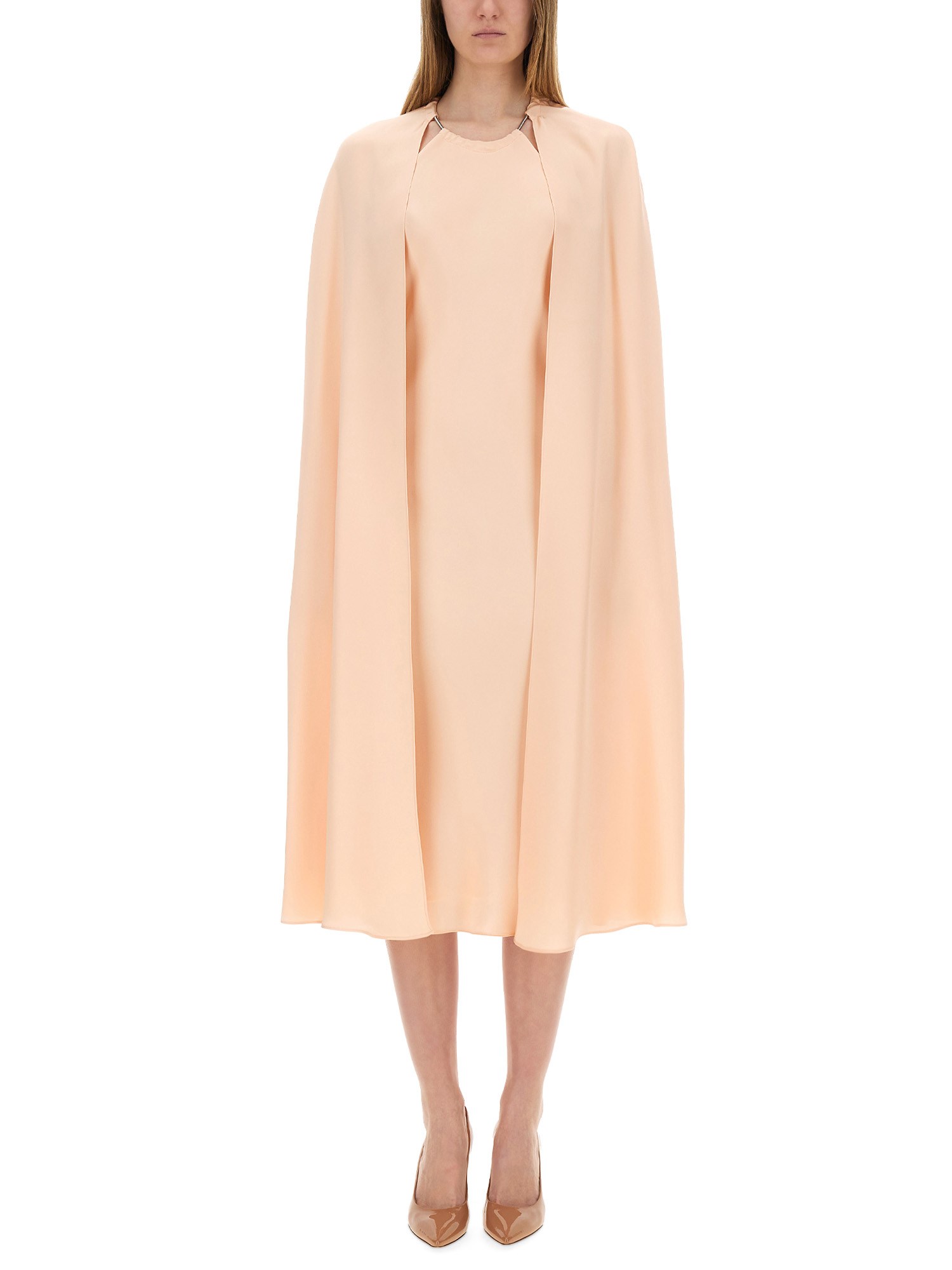 Max Mara Managua Silk Long Dress With Silk Cape And Metal Detail In Pink