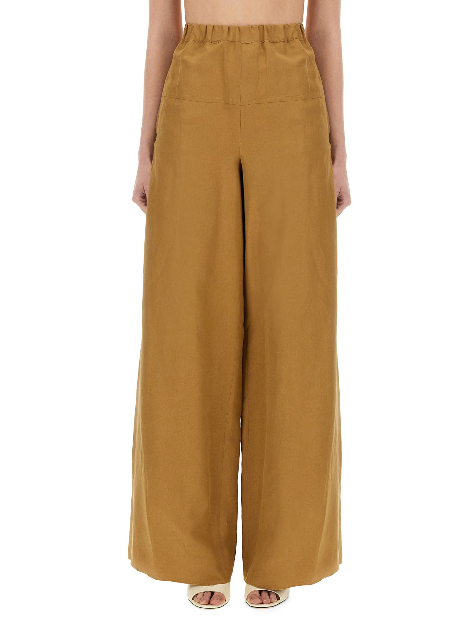 Max Mara Wide Linen And Silk Trousers In Beige