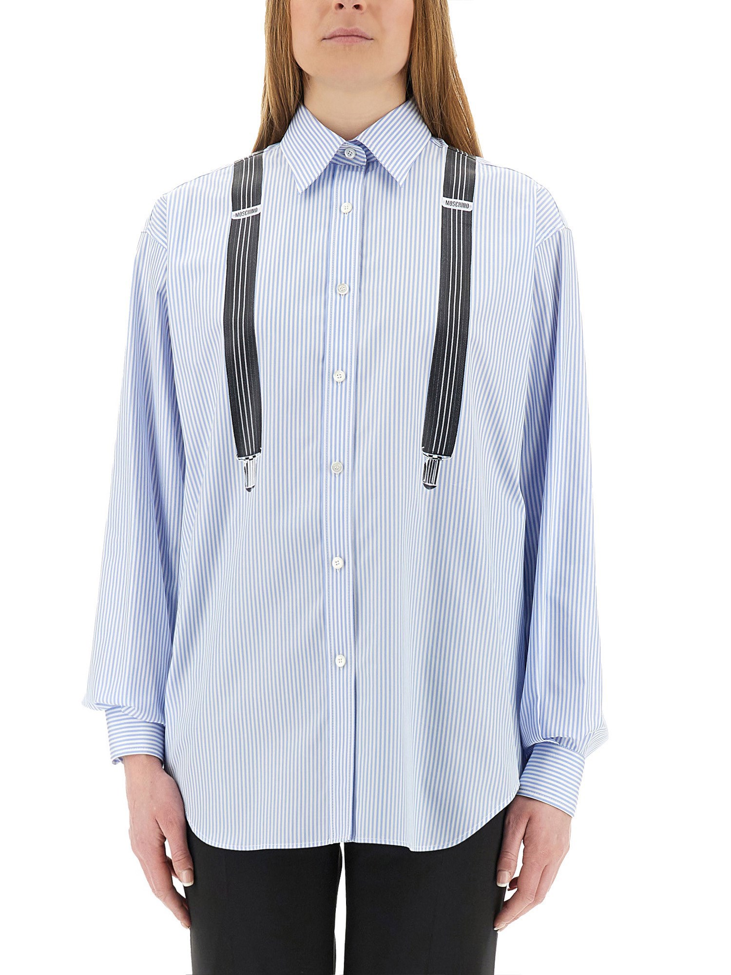 Moschino Couture Light Blue Cotton Striped Shirt With Decorative Straps In Baby Blue