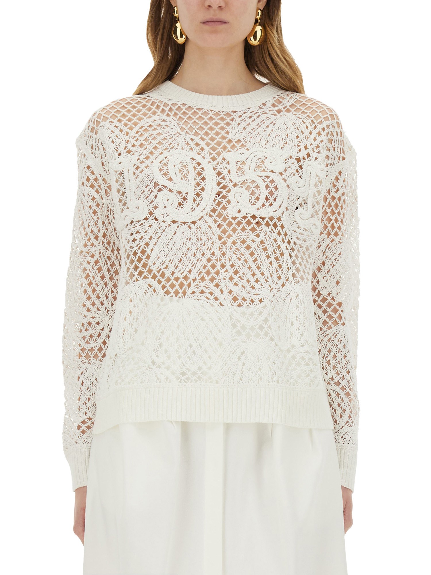 Max Mara Open-knit White Sweater With Textured Detail In White
