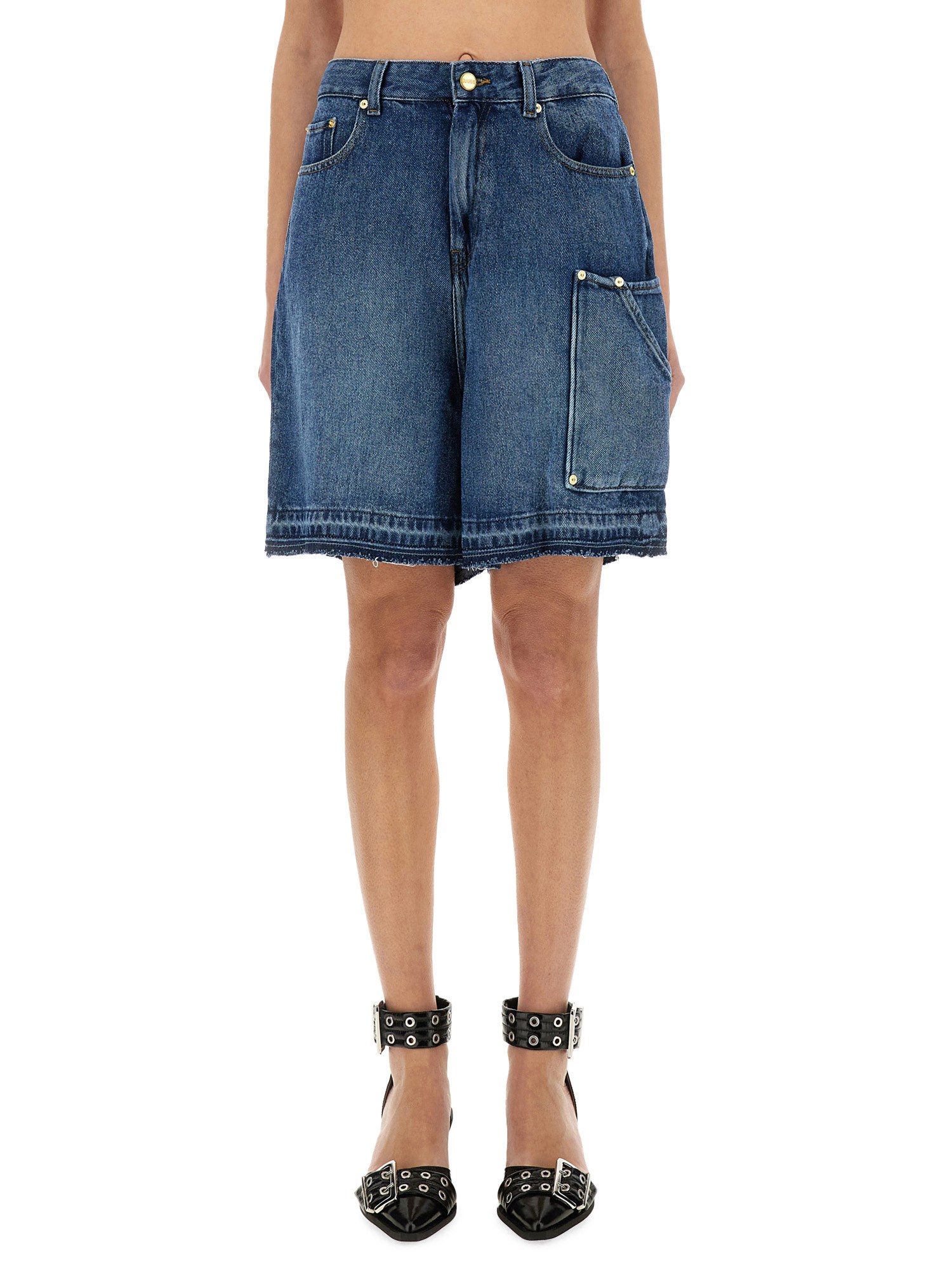 Ganni Blue Shorts With Belt Loops And One Front Patch Pocket In Denim Woman In Blue