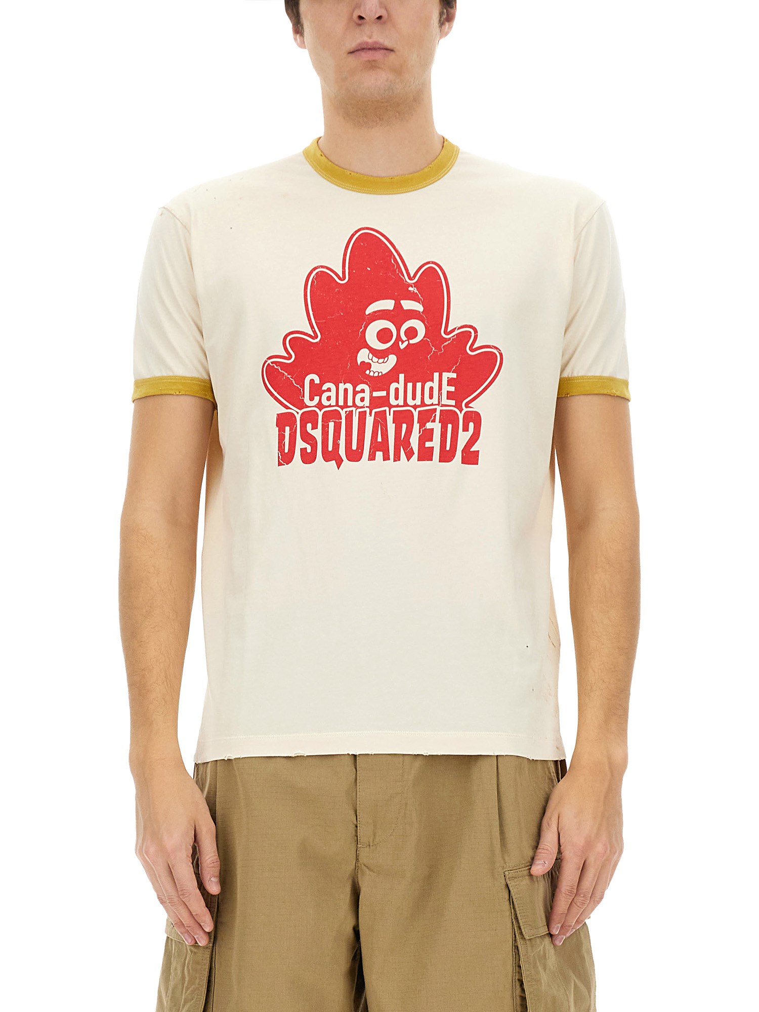 Dsquared2 Graphic Print Cotton T-shirt With Ribbed Trim In Multicolour
