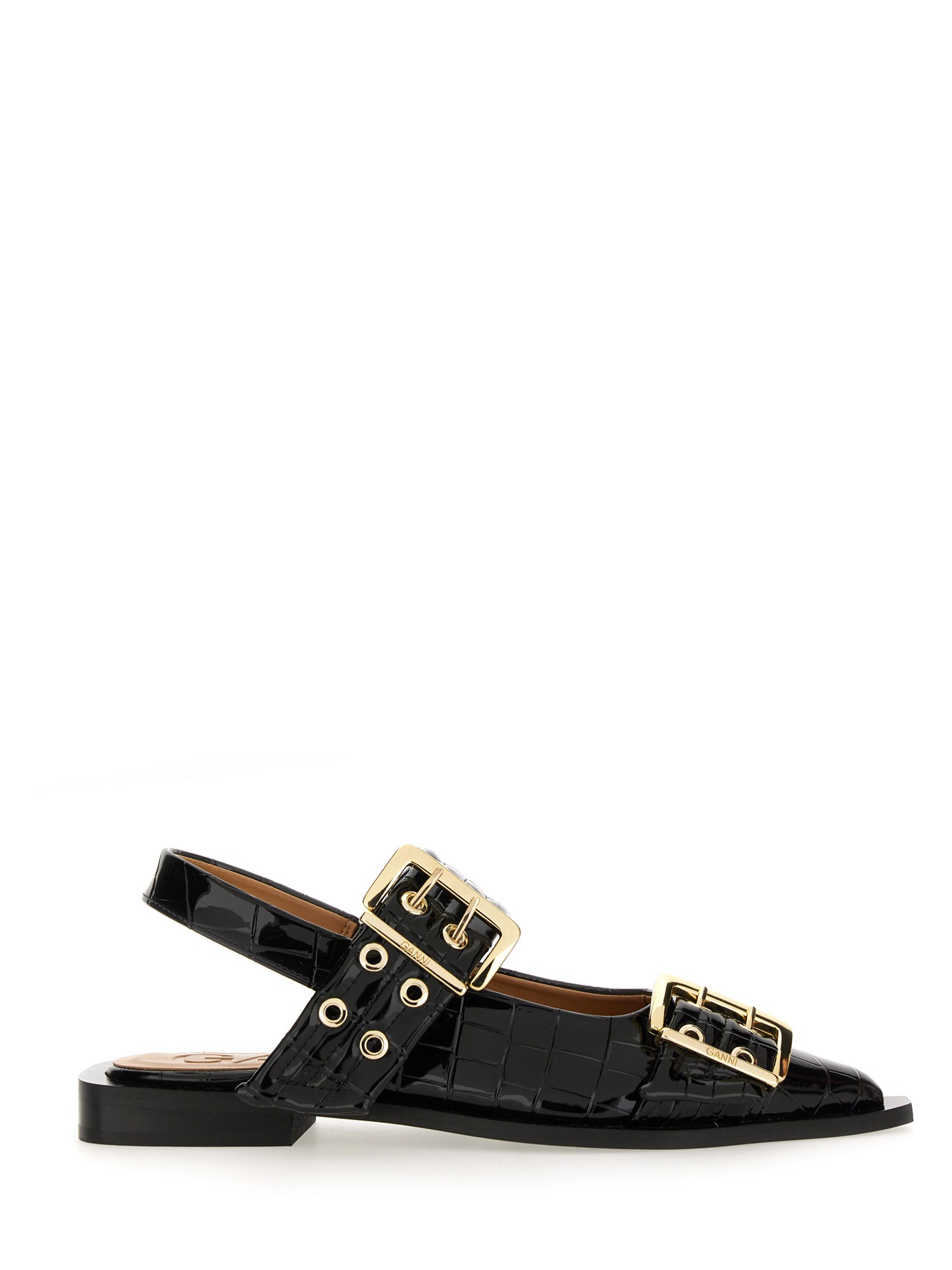 Ganni Buckle Ballerina Crocodile-effect Slingback Flats In Black