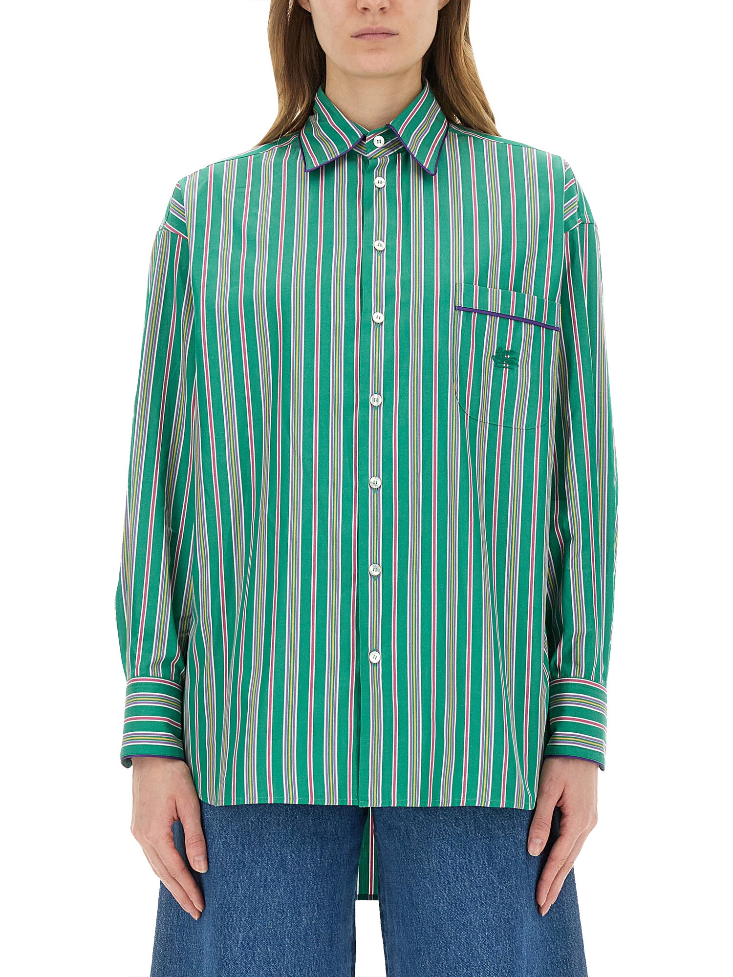 Etro Pocketed Collared Striped Long Sleeve Top In Green