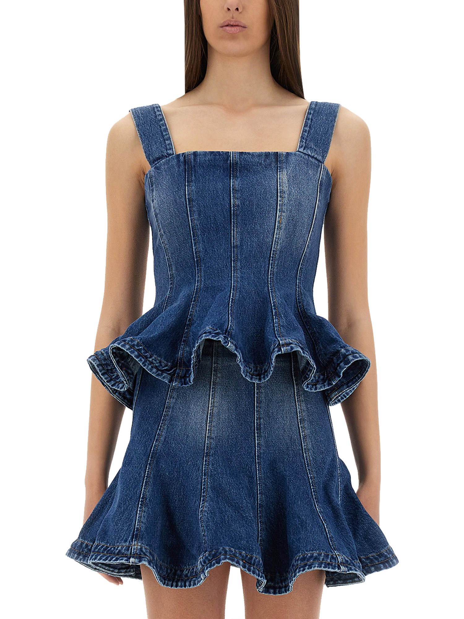 Msgm Denim Peplum Ruffle Sleeveless Square Wide Top