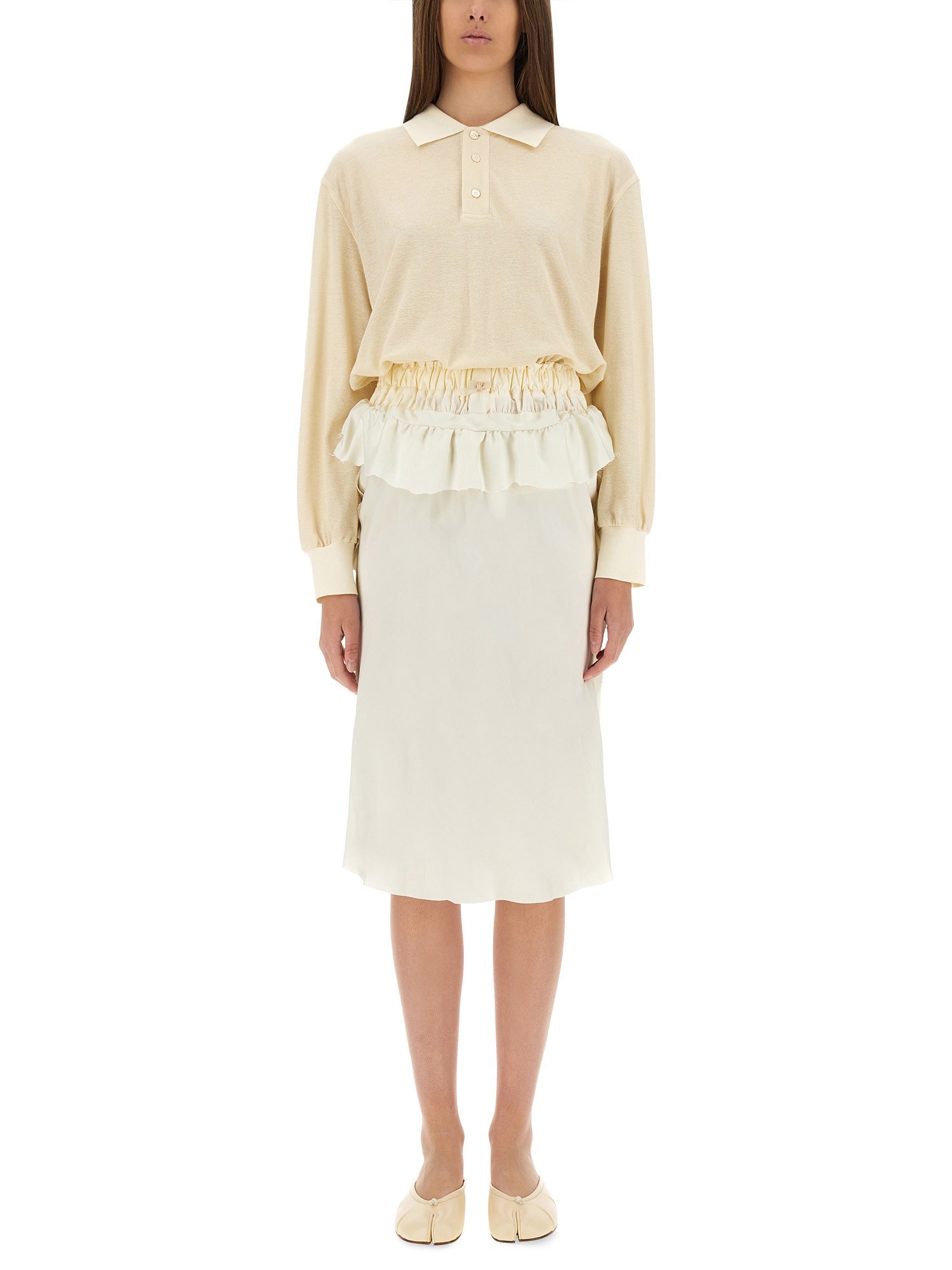 Maison Margiela White Midi Dress With Polo Collar And Gathered Waist