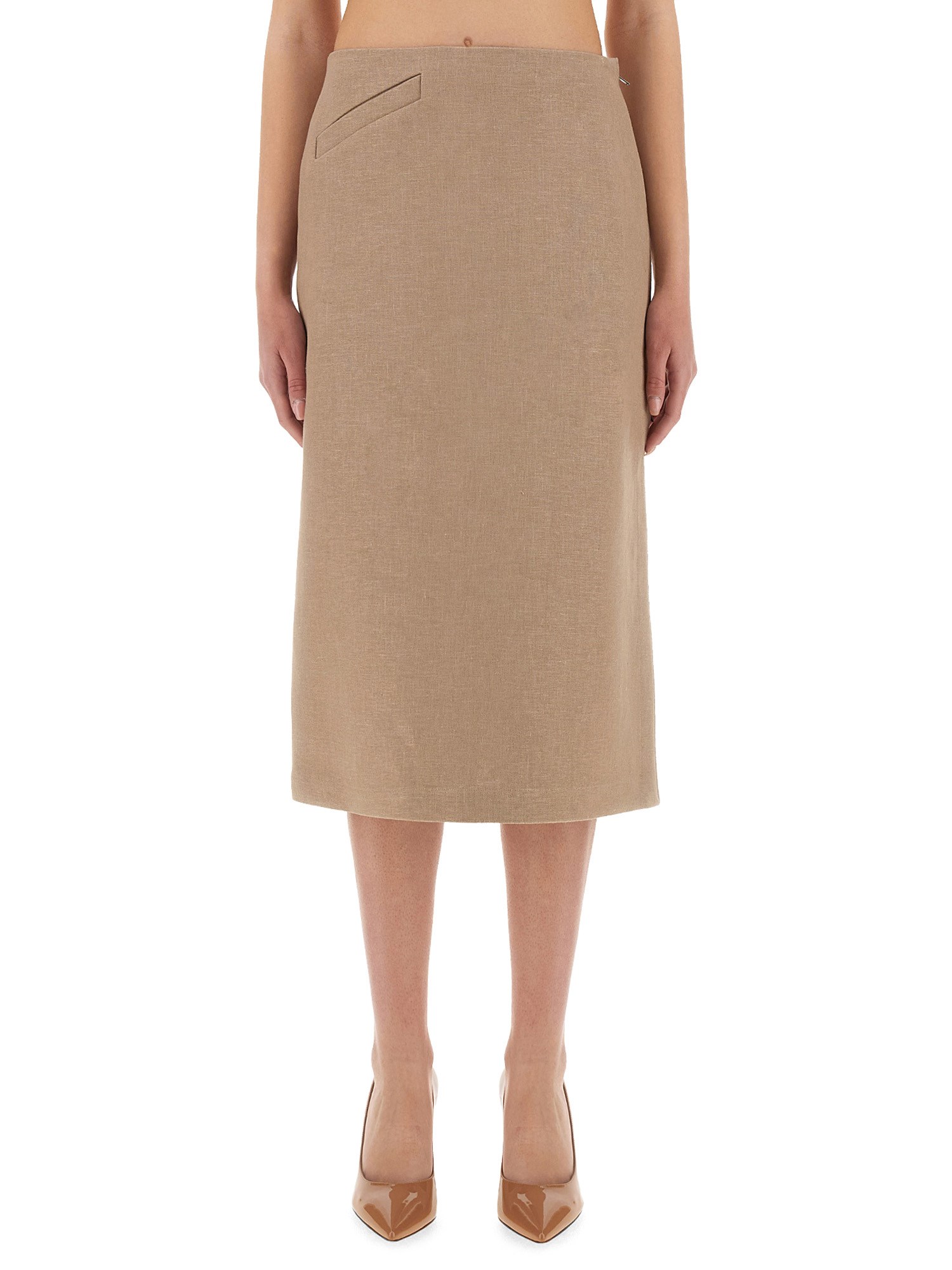Fendi Women Beige Pencil Skirt With Rear Logo Lettering Embroidery And Side Slit In Linen Woman