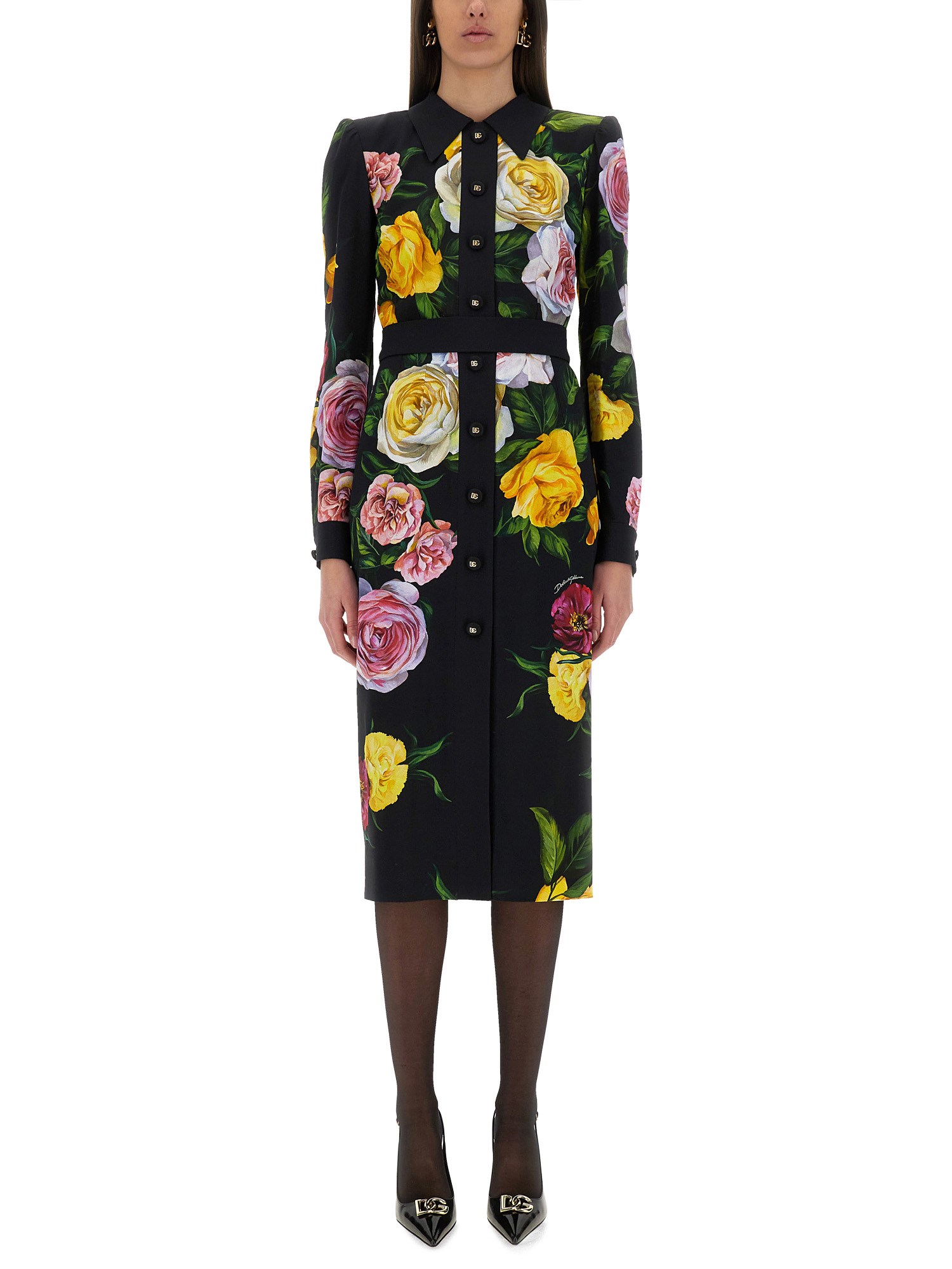 Dolce & Gabbana Calf-length Cady Shirt Dress With Peony And Rose Print In Multicolour