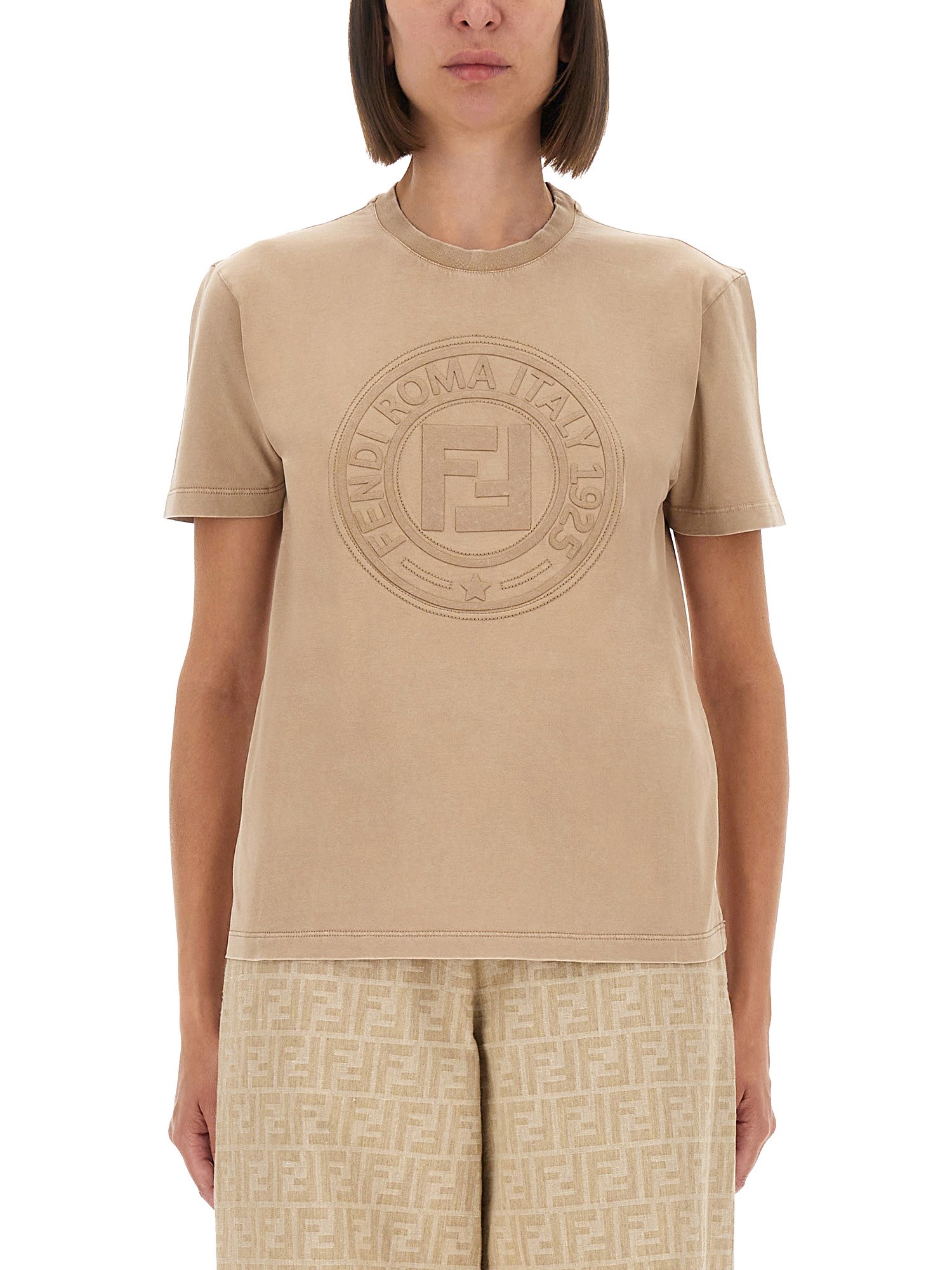 Fendi Classic Crew Neck T-shirt With Embossed Logo Detail In Gold