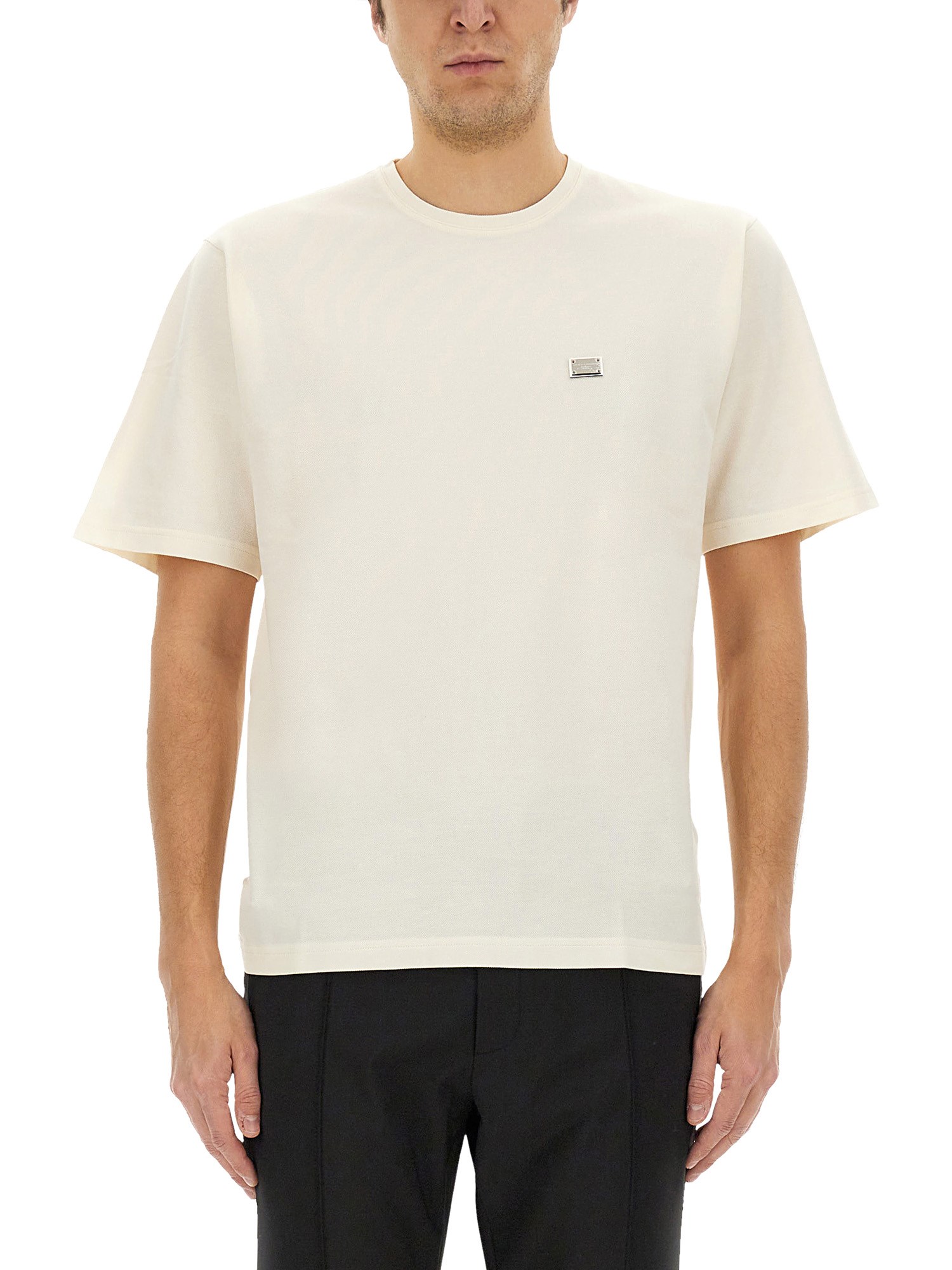 Dolce & Gabbana White T-shirt With Crew Neck And Applied Logo Plate On The Chest In Cotton Man In Multicolour