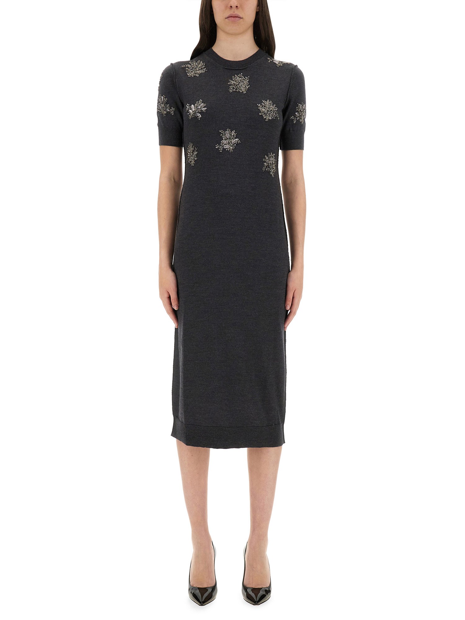 Fendi Wool Dress With Embroidered Ribbed Hem And Short Sleeves