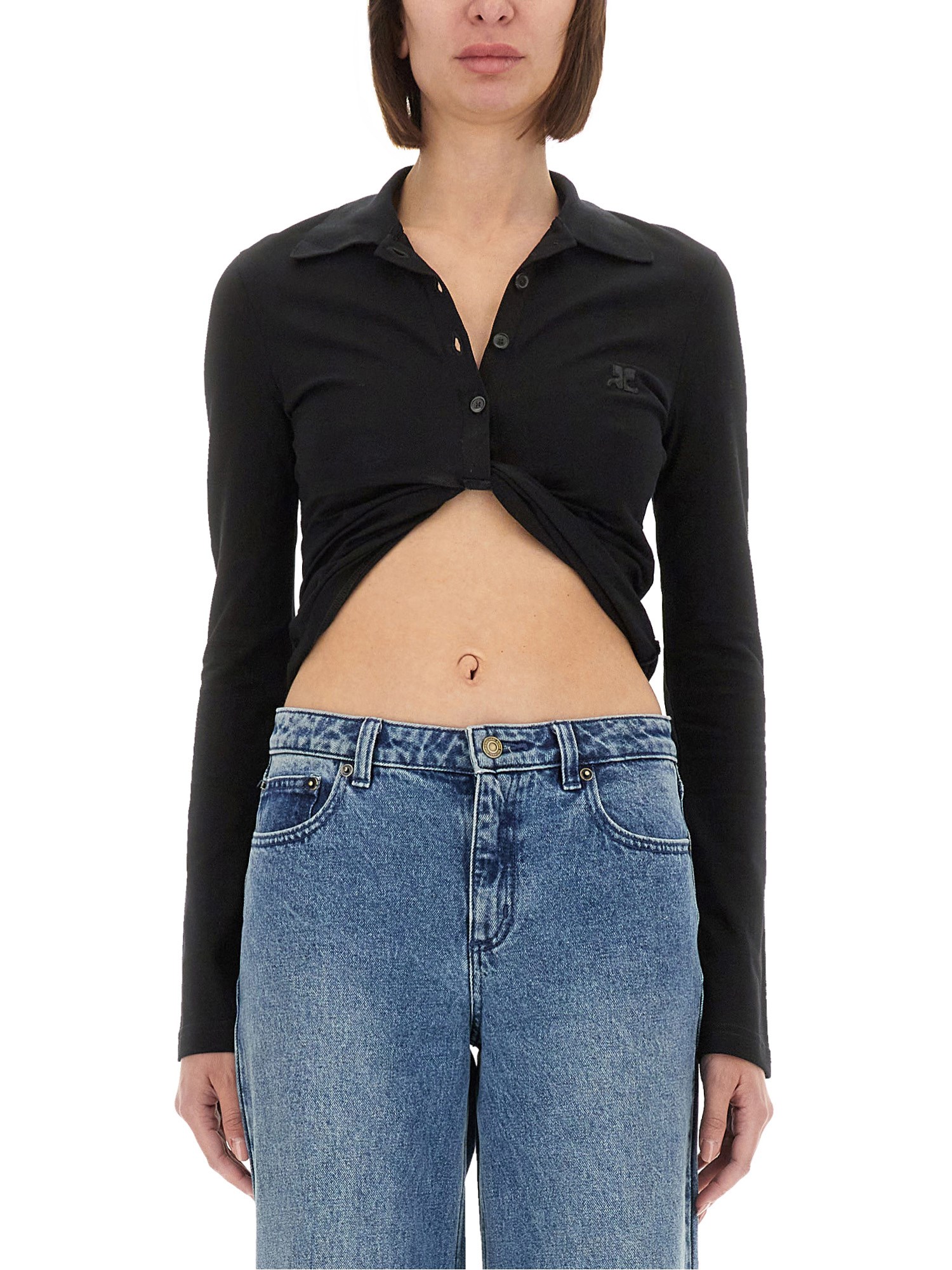 Courrèges Twist Light Wool Cropped Polo In Black