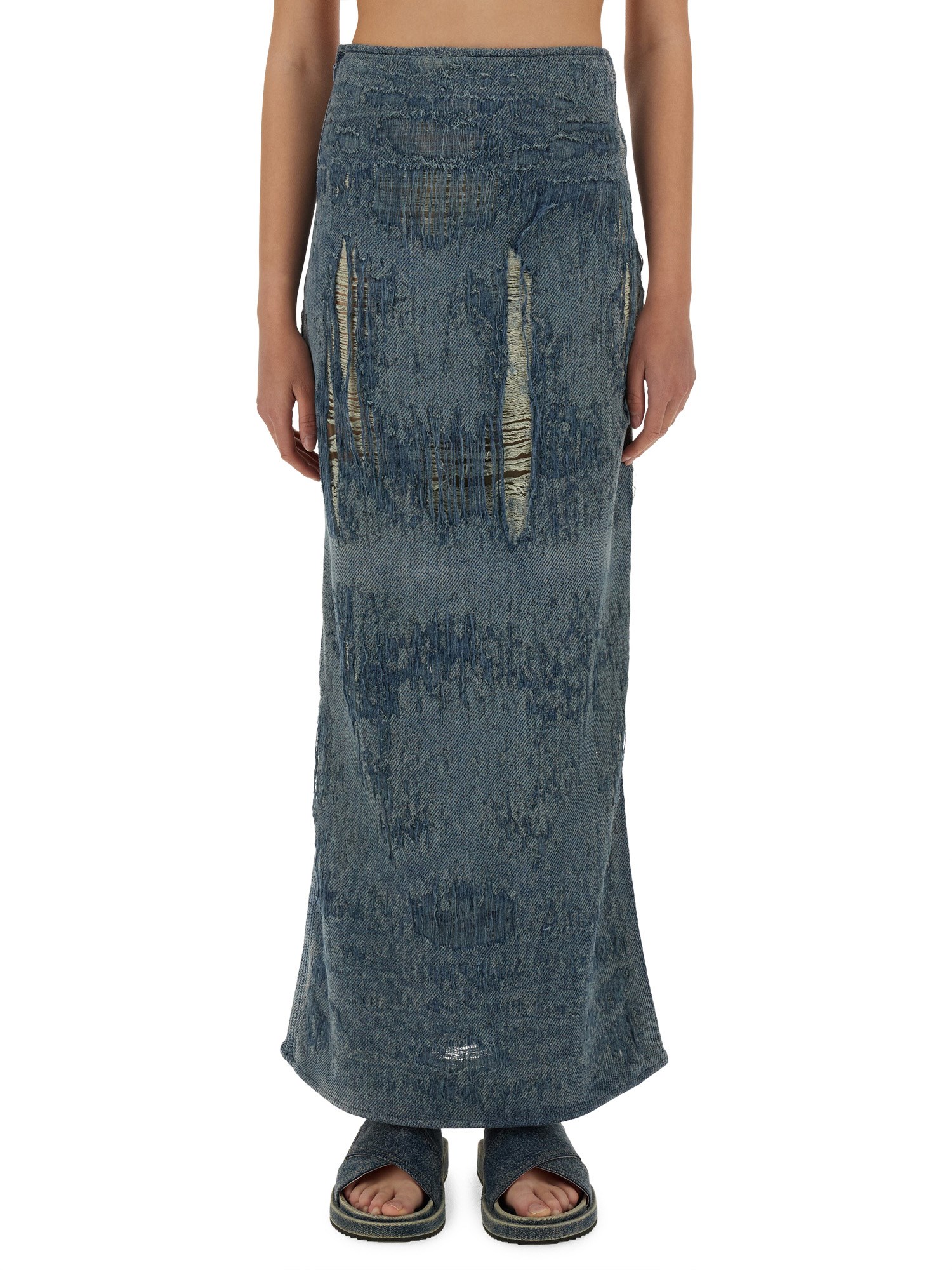 Diesel Megan Distressed High-waisted Long Skirt In Gray