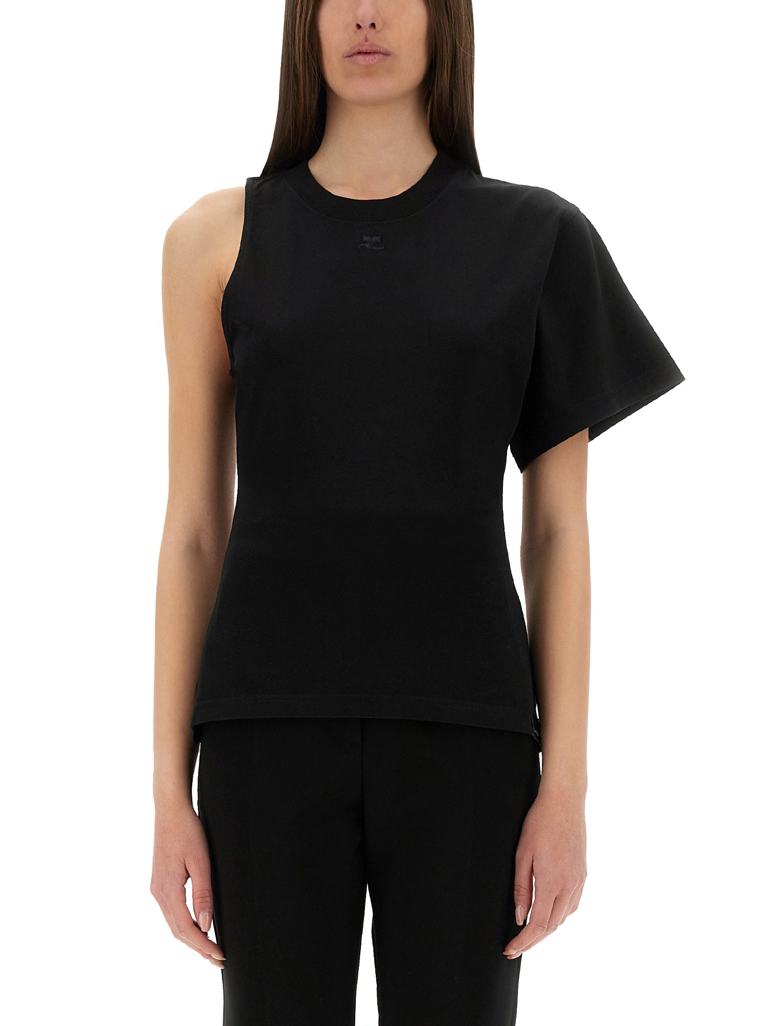 Shop Courrèges One-shoulder T-shirt In Scuba In Black
